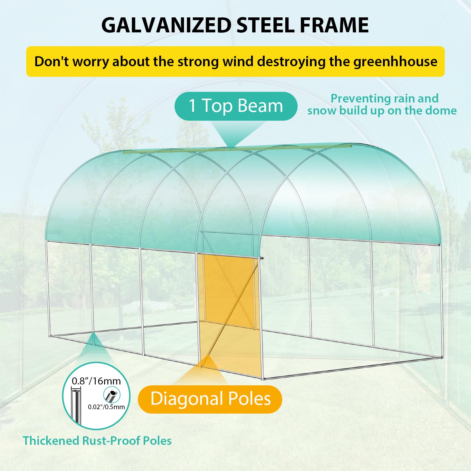 Invernadero túnel de jardinería - 15x7x7 pies con Estructura galvanizada - Cubierta PE Verde Resistente, Puerta Enrollable y 8 Ventanas con Malla - Ideal para Cultivo al Aire Libre /