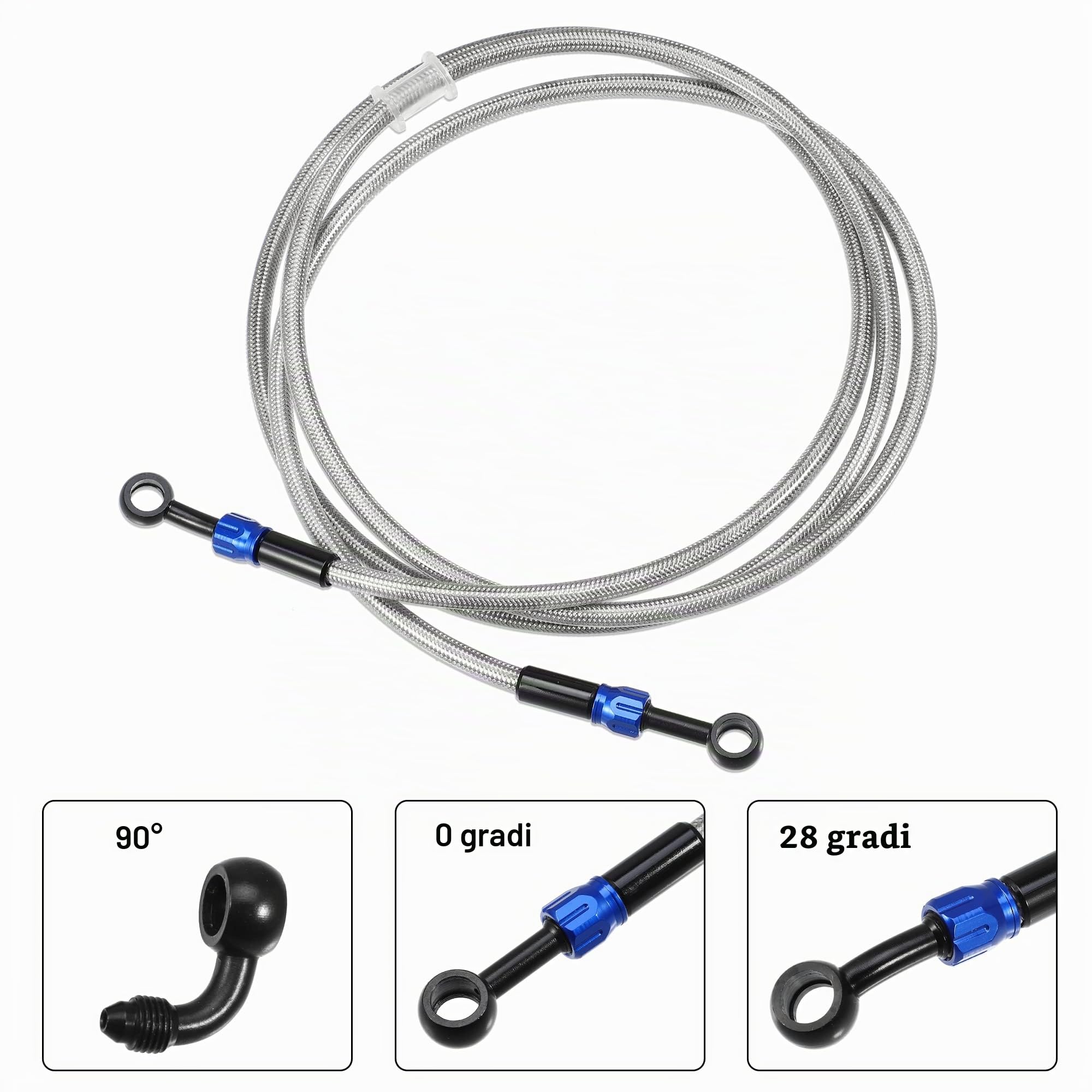 A ABSOPRO Tubo Freno AN3 28 90 Gradi 200cm Argento 1 Set Per Moto | Materiale Silicone Alluminio, Filettatura M10x1, Diametro 10mm, Angoli 28° 90°, Lunghezza 200cm, Doppia Protezione