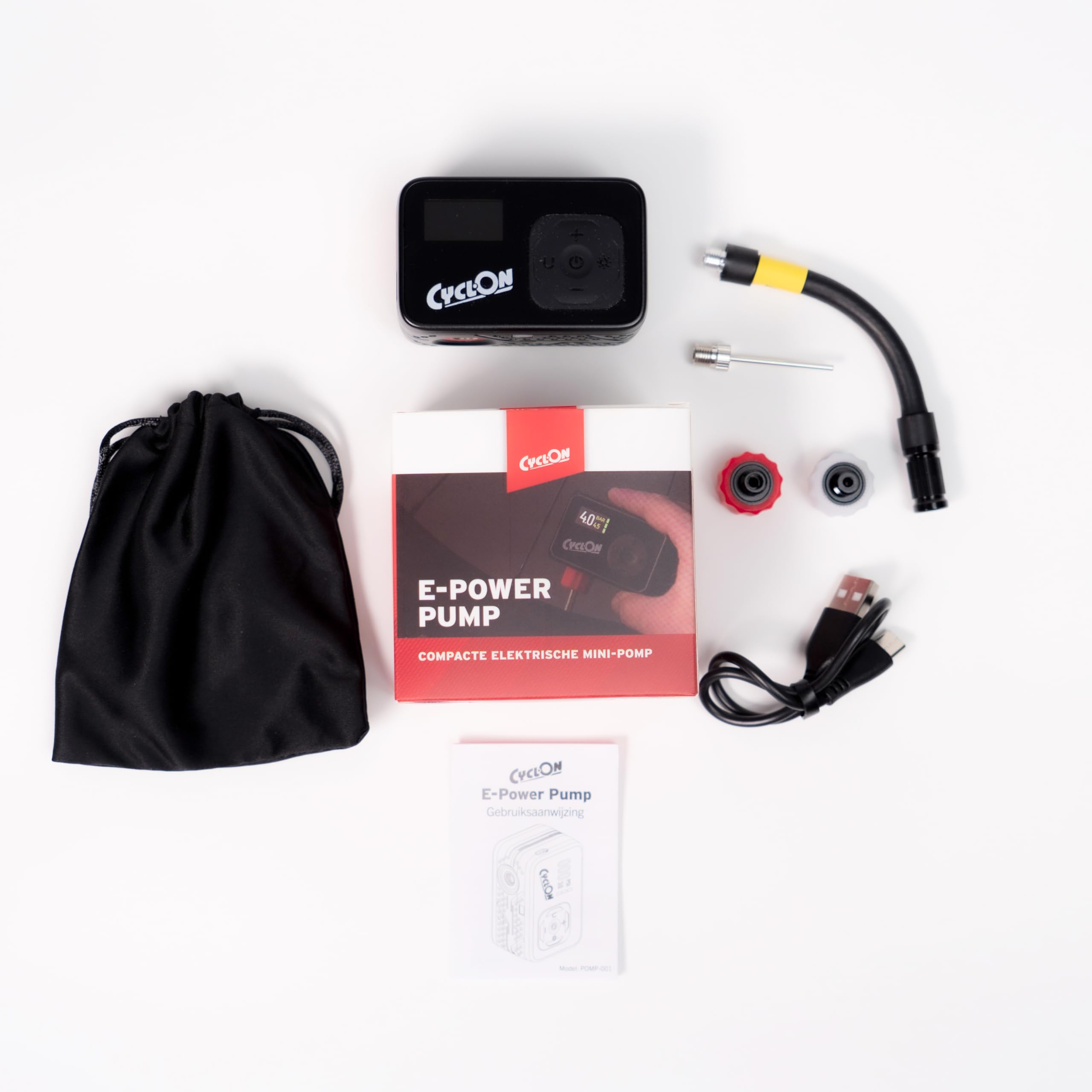 CyclOn E-Power Pump Mini pompe à vélo électrique compacte | Jusqu'à 8,3 bar / 120 PSI | Affichage de la pression LCD | Arrêt automatique | Rechargeable par USB C | Comprend des adaptateurs de valve