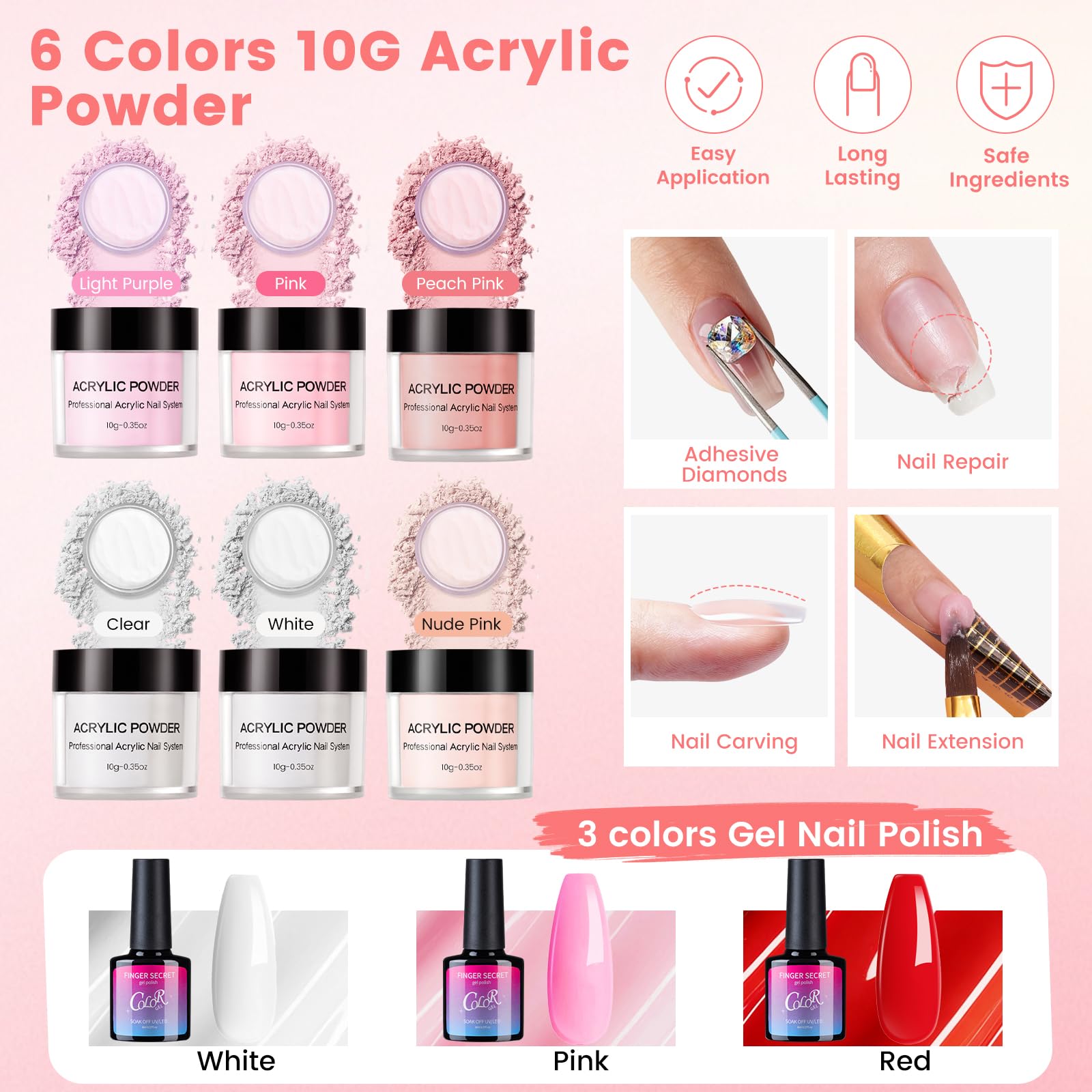 Deciniee Kit per unghie in acrilico: set in polvere acrilica con lampada UV, trapano elettrico per unghie, punte finte, 6 colori polvere + gel monomero, set per nail art in confezione regalo viola, da