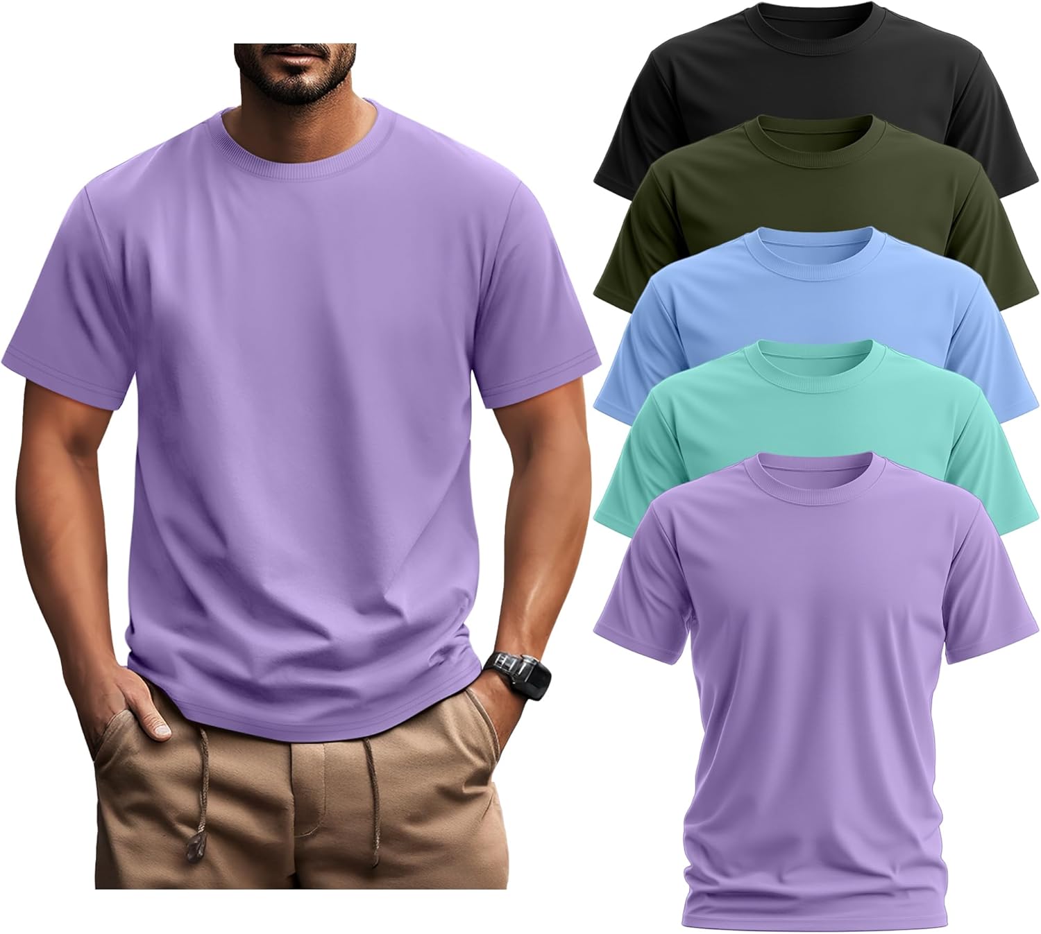 Ficerd 5 Pack Men's Big and Tall Shirts Short Sleeve Cotton Tee Summer Crew Neck Oversize Top Loose Fit Shirt Multipack