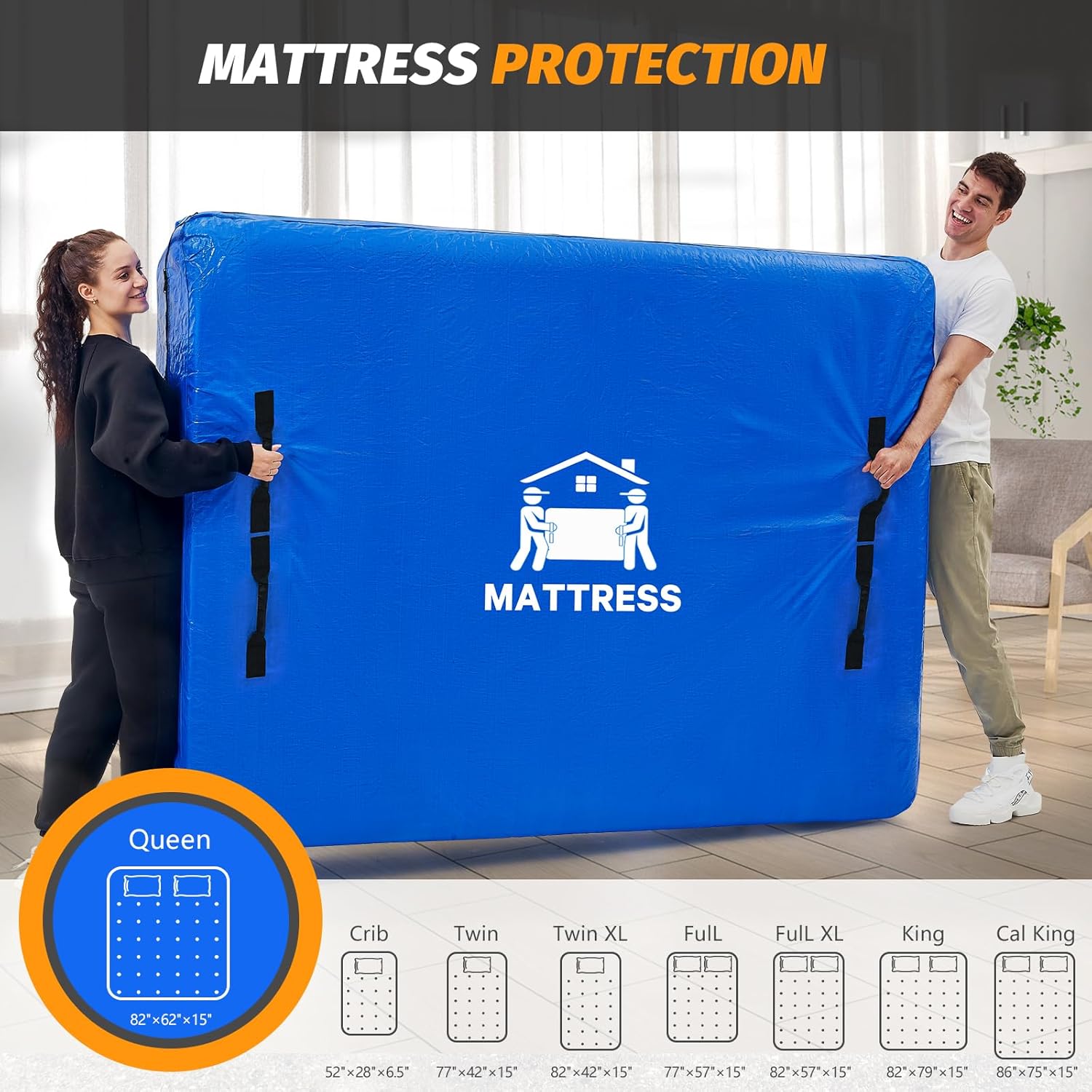 Mattress Bags for Moving, BETU Mattress Protector Waterproof Mattress Cover Queen Size Storage Bags with 8 Heavy-Duty Handles and Zipper for Bed Extra Thick Large Reusable (82"x62"x15" Blue)
