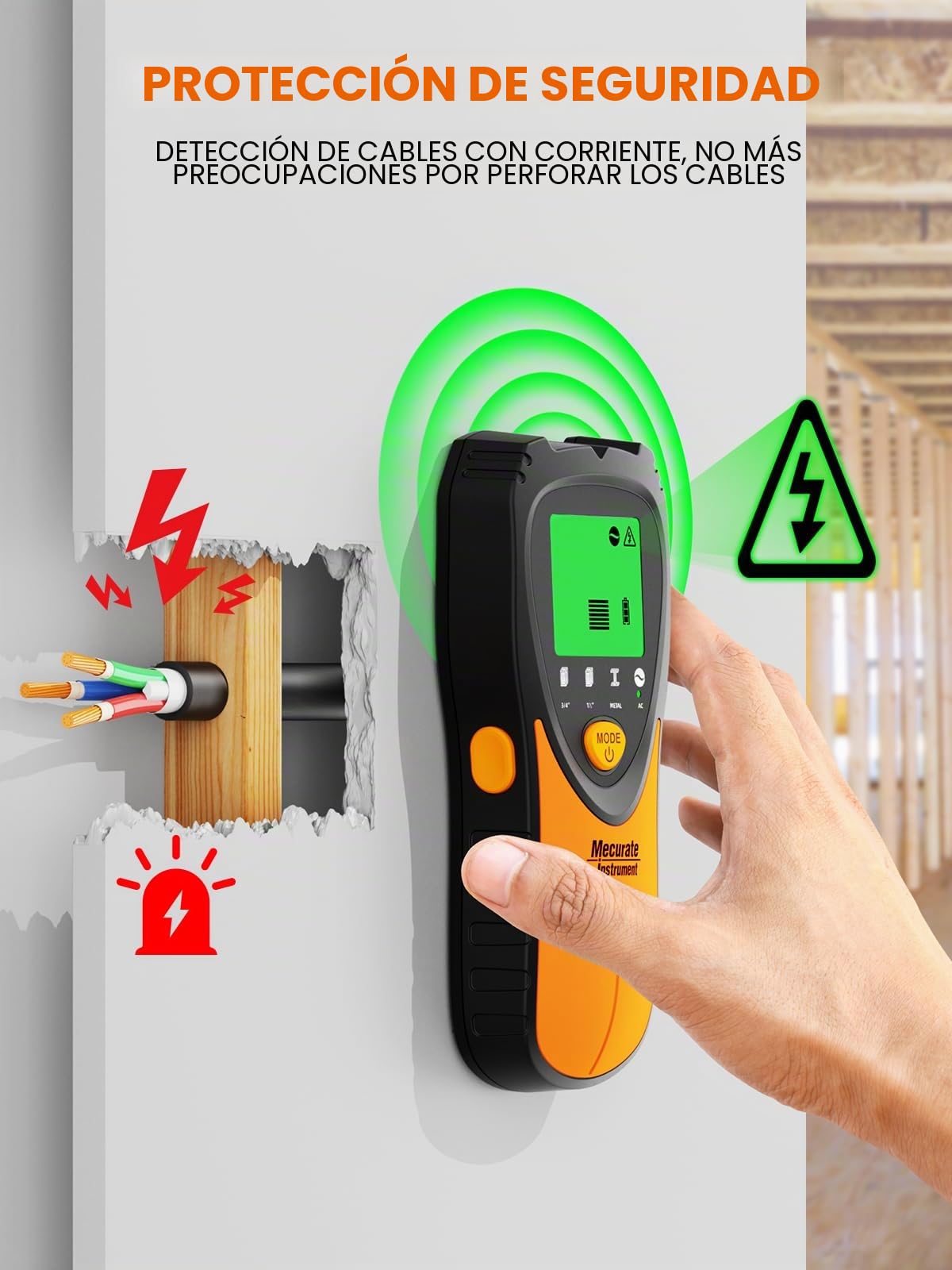 Mecurate Sensor de escáner de pared 5 en 1 con pantalla LCD y alarma de audio para madera, CA, alambre vivo, pernos de metal, detección de tuberías
