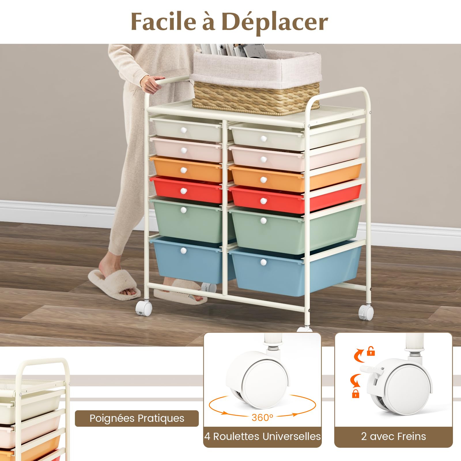 COSTWAY Chariot de Rangement à Roulette 12 Tiroirs en PP, Tour de Rangement avec Tablette, Cadre en Métal, Desserte Meuble Tiroir pour Cuisine Salle de Bain École, 64x38x75cm (Multicolor)