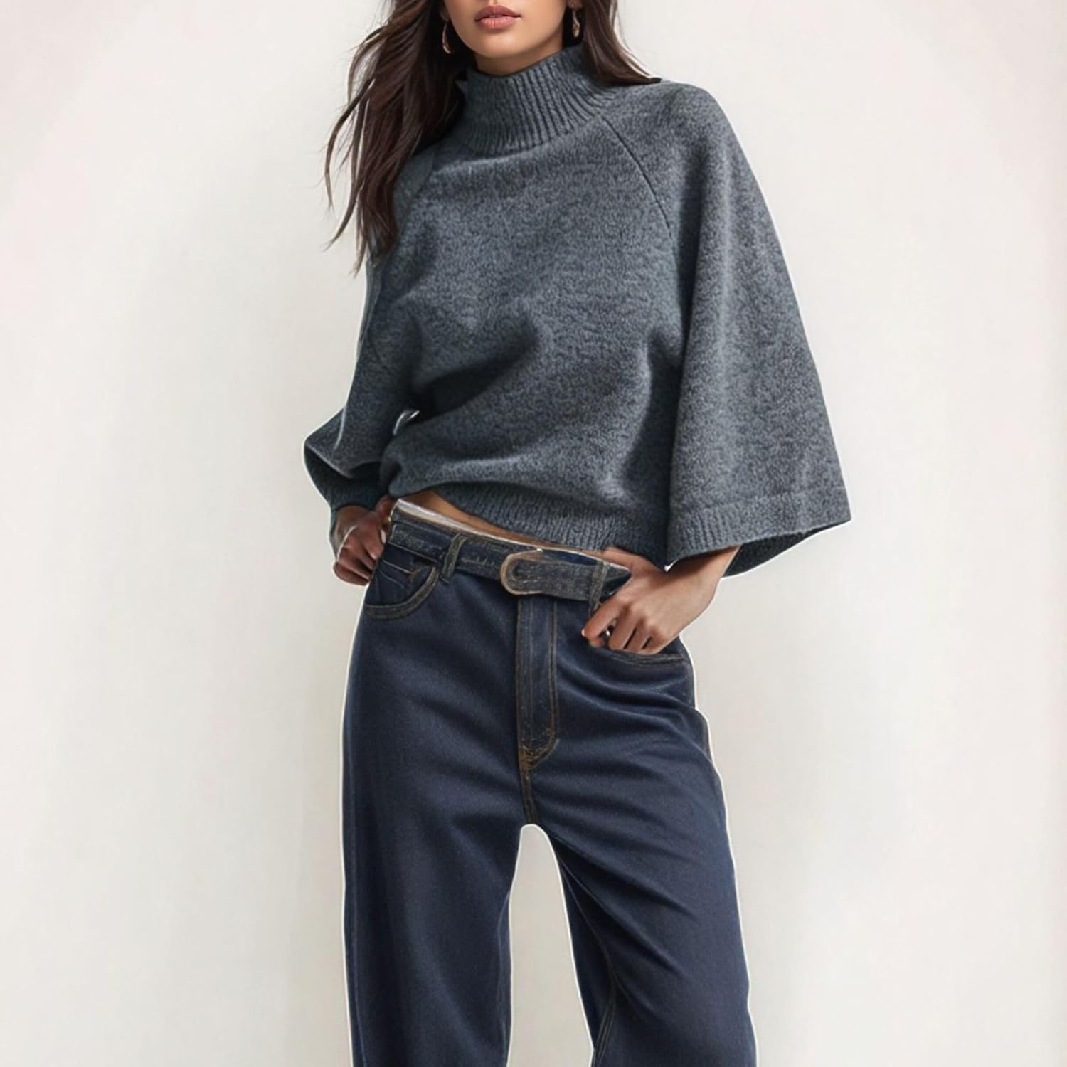 Chevara Women’s Cropped Pullover Sweater Minimalism High Neck Wide Sleeve Solid Color Knitted Jumper Tops