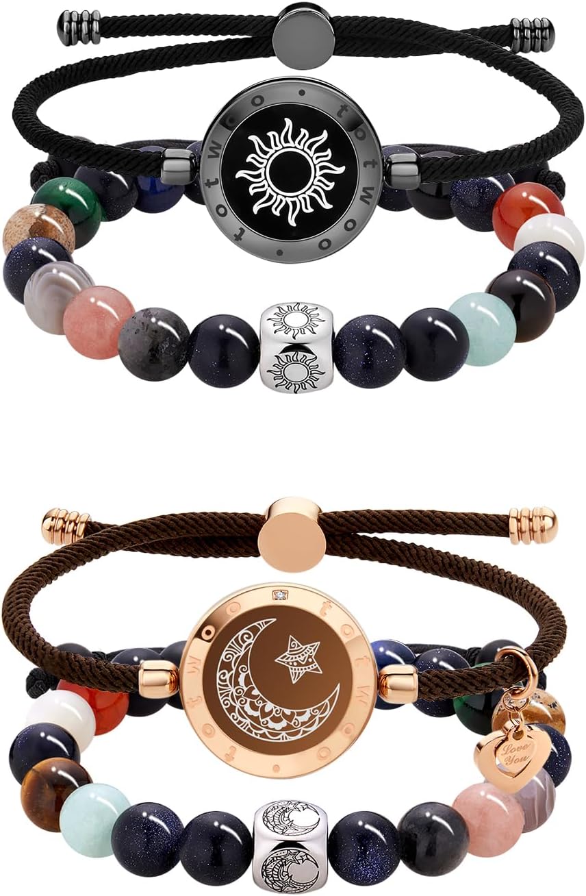 Bracelet Stacking Set: Smart Touch Bracelet with Stylish Non-Smart Beads, Long Distance Touch Bracelets for Couples, Nature Stone Bead Bracelets with Adjustable Rope, Modern Jewelry Gift for Women Men