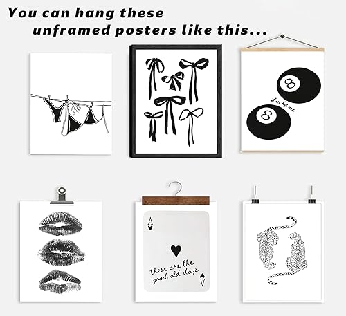 Miniatura 4 de 6 piezas de póquer en blanco y negro de moda, labios de beso, guepardo, bikini, lazo, arte de pared Funky Preppy Lucky 8 Ball Painting Picture Wall