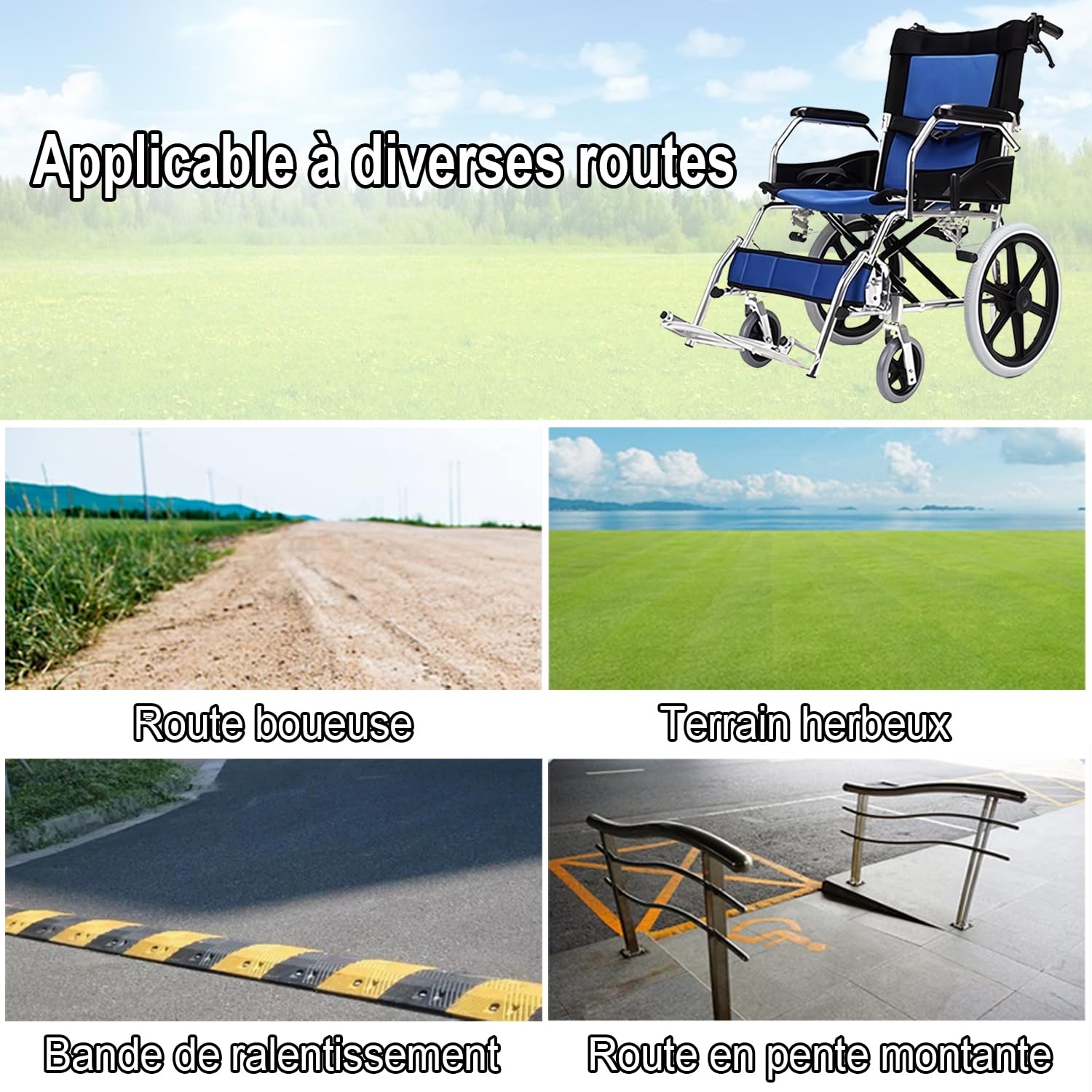 M3 Fauteuil roulant, pliable, léger, avec frein sur les poignées, pour personnes handicapées et personnes âgées, avec soutien au pied, accoudoirs, siège 45 cm