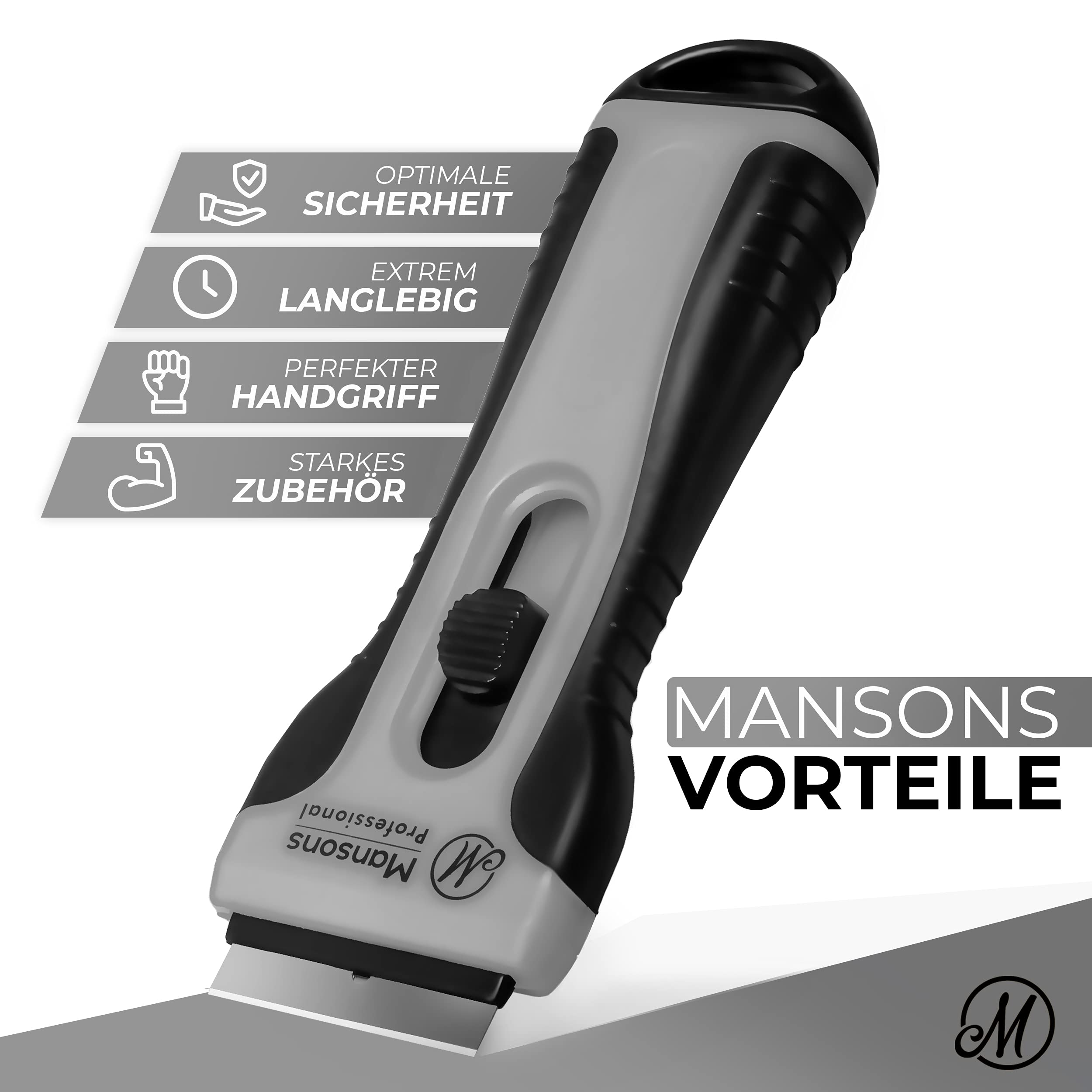 Mansons Raschietto Vetroceramica - Il Tuo Raschietto affidabile per Cucina e casa - Raschietto Stabile con Impugnatura Morbida - 15 Lame di Ricambio Integrate nel Raschietto Vetro