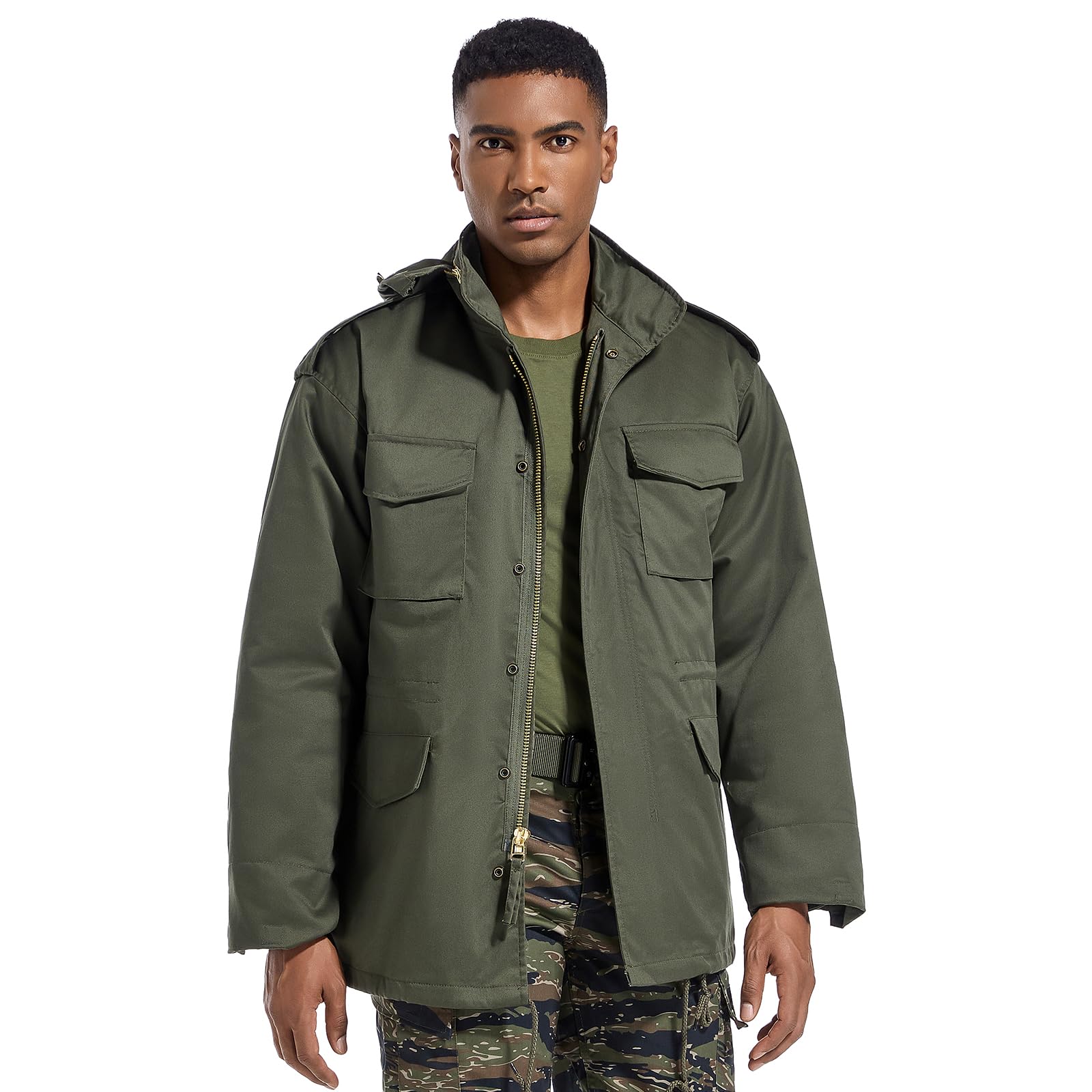 Men's Tactical M65 Field Jacket - Military Coat with Removable Hood, Fully Lined, Adjustable Waist &amp; 4-Pocket Design