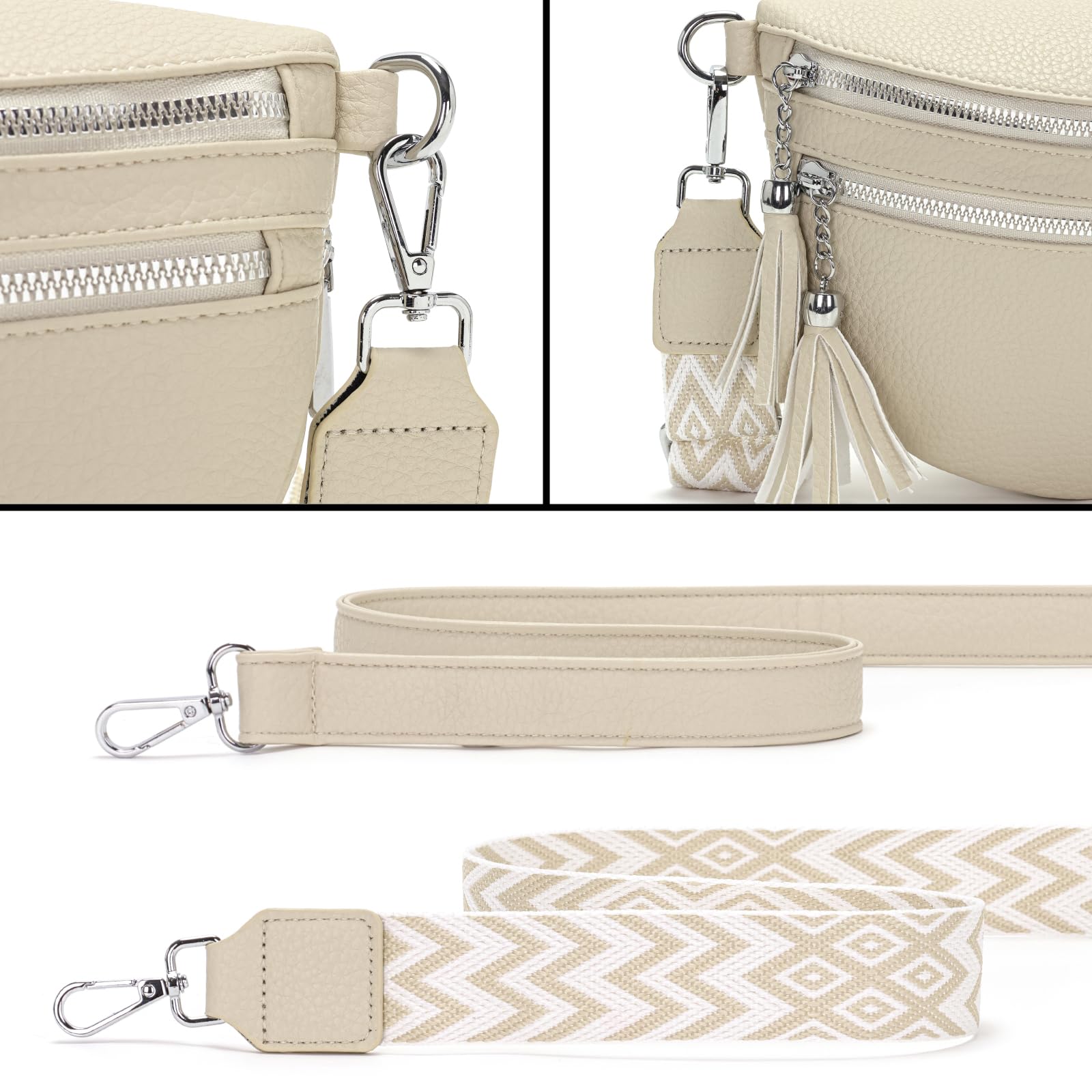 LANXINGLUO sac banane femme Beige sac bandoulière femme tendance sacs à main Moyen Livré avec deux bandoulières et des emplacements pour cartes