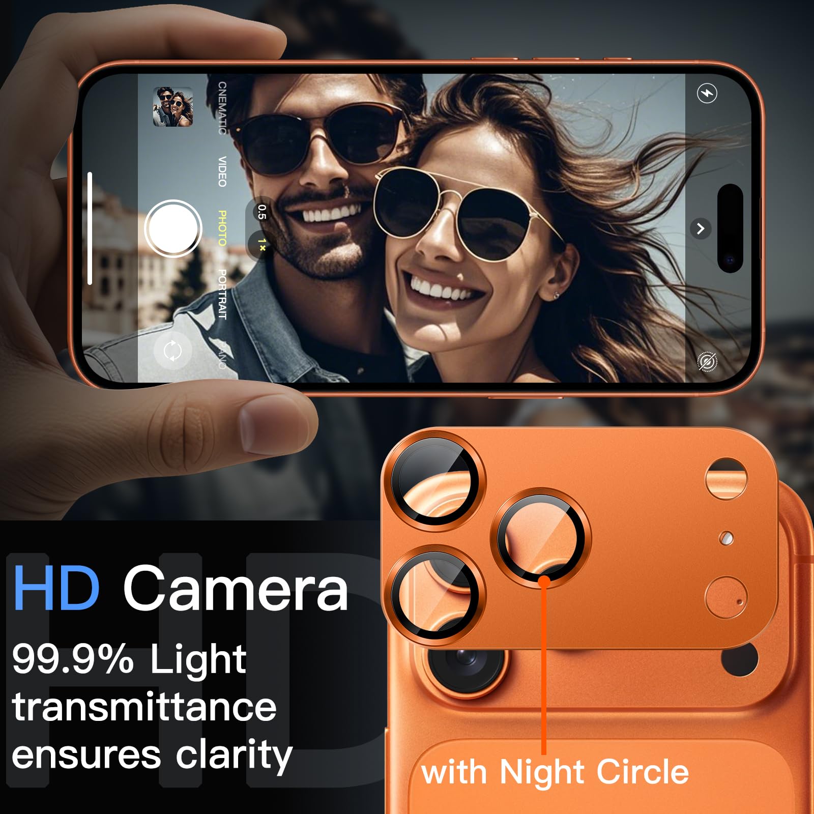 JETech Protecteur d'Objectif de Caméra pour iPhone 17 Pro Max 6,9 Pouces, Couverture Complète en Verre Trempé 9H Anneau, Plaque Métallique Mat, Compatible avec la Coque, Lot de 1 (Orange)