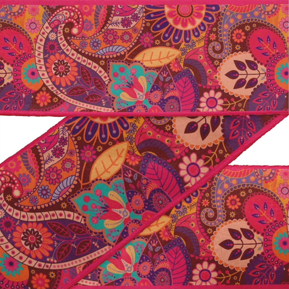 IBA Indianbeautifulart Pink Stripe & Paisley Fabric Laces for Crafts Printed Velvet Trim Fabric Sewing Border Ribbon Trims 9 Yards 4 Inches