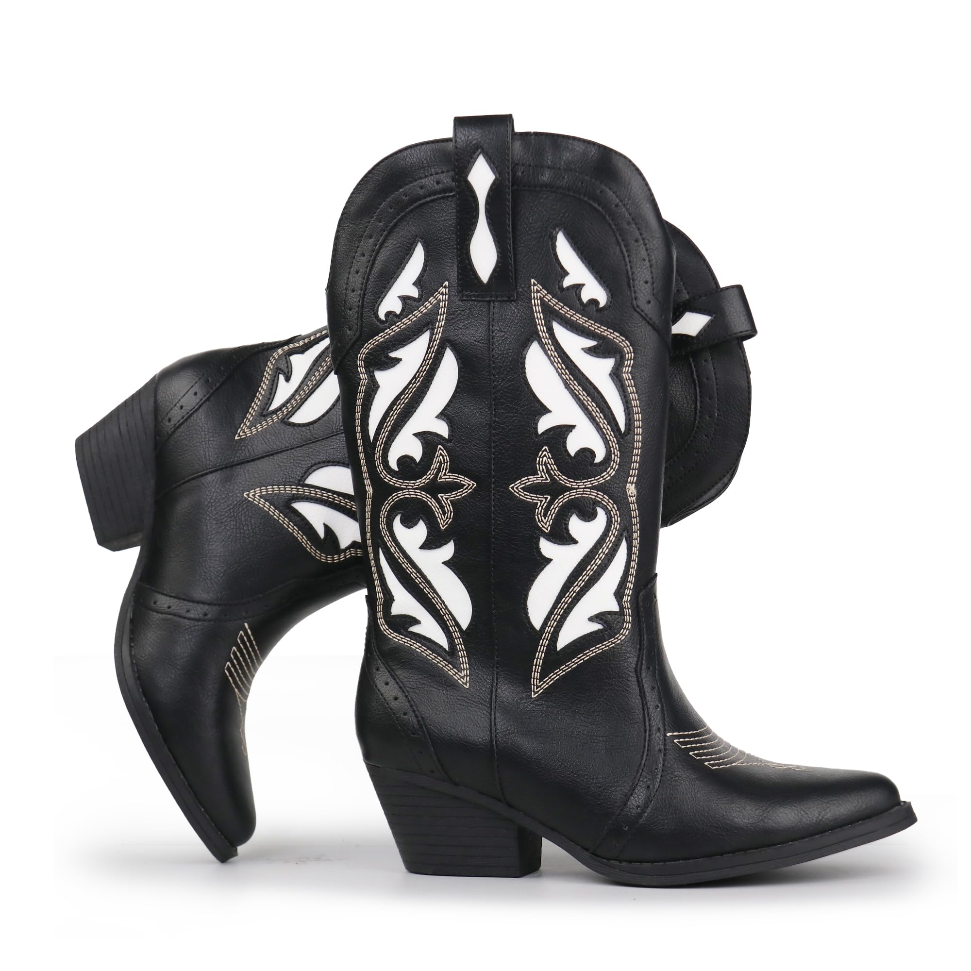 Hawkwell Women's Embroidered Stitched Mid Calf Cowboy Boots Pointed Toe Chunky Block Heel Classic Pull On Cowgirl Western Booties