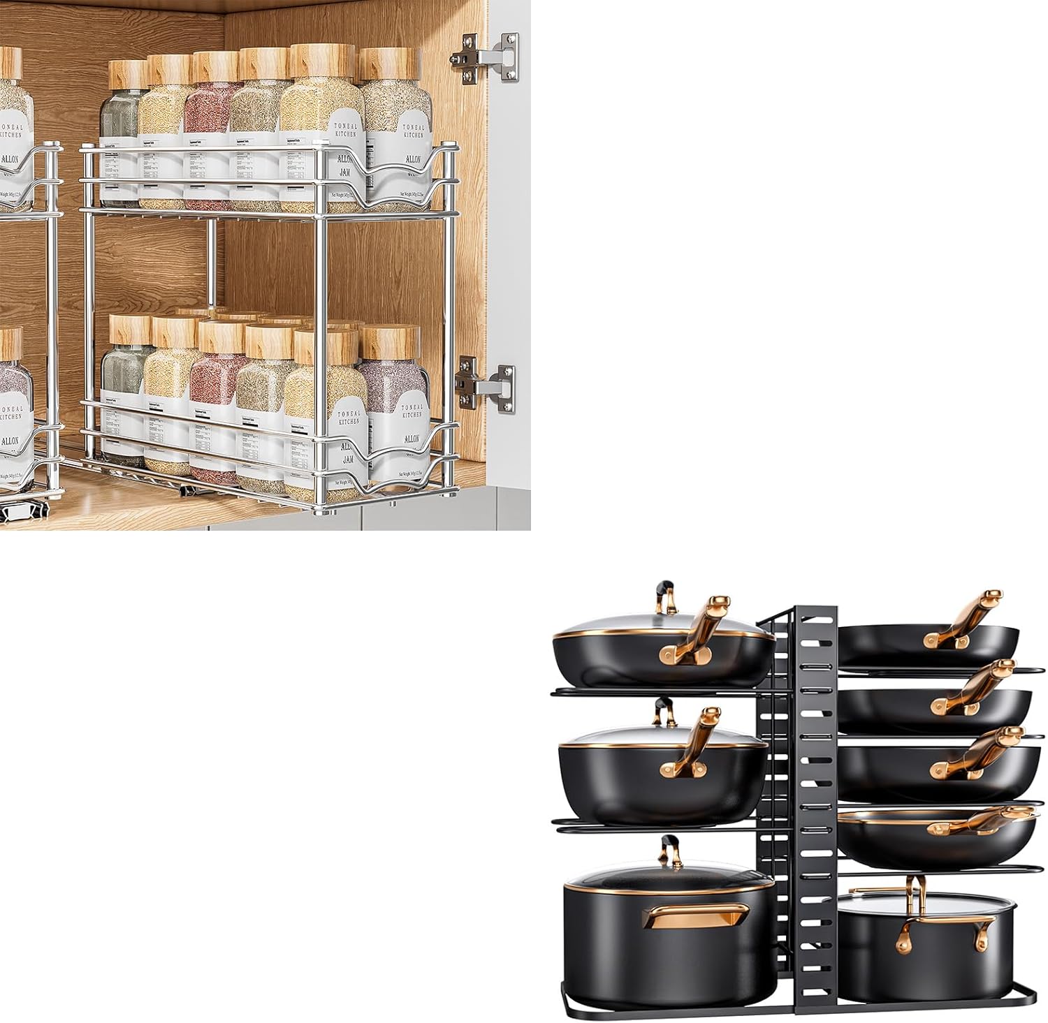 MUDEELA 8-Tier Light-Duty Adjustable Pot Racks and Slide Out Chrome Spice Organization for Cabinet Bundle