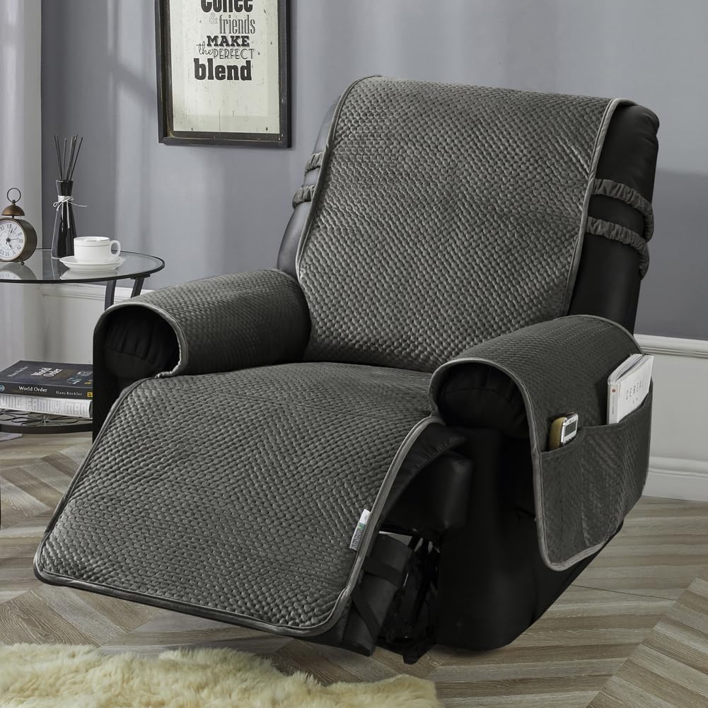 STONECREST Recliner Chair Cover, Water Resistant Velvet Quilted Slipcover, Stay in Place (Dark Grey/Grey, Recliner 23