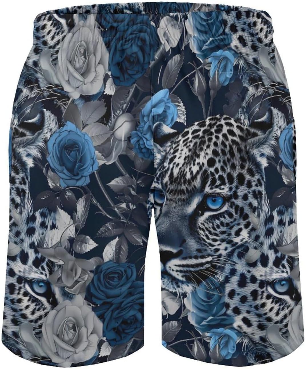 Leopard with Blue Eyes Rose Casual Men's Swim Trunks Novelty Summer Beach Shorts Swimwear with Pocket