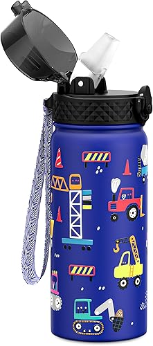 Fanhaw Botella de agua de acero inoxidable aislada para niños de 18 onzas con tapa con pajilla, a prueba de fugas y sudor, con tapa antipolvo (azul,