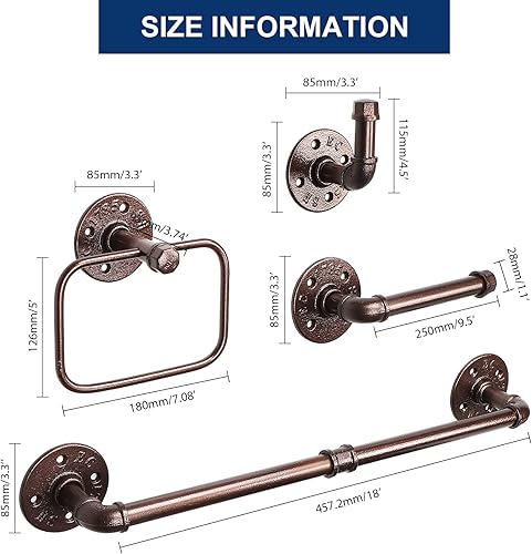 Miniatura 8 de NearMoon Juego de accesorios de baño de tubería industrial de 4 piezas, incluye barra de toalla de 18 pulgadas, anillo de toalla, soporte para papel