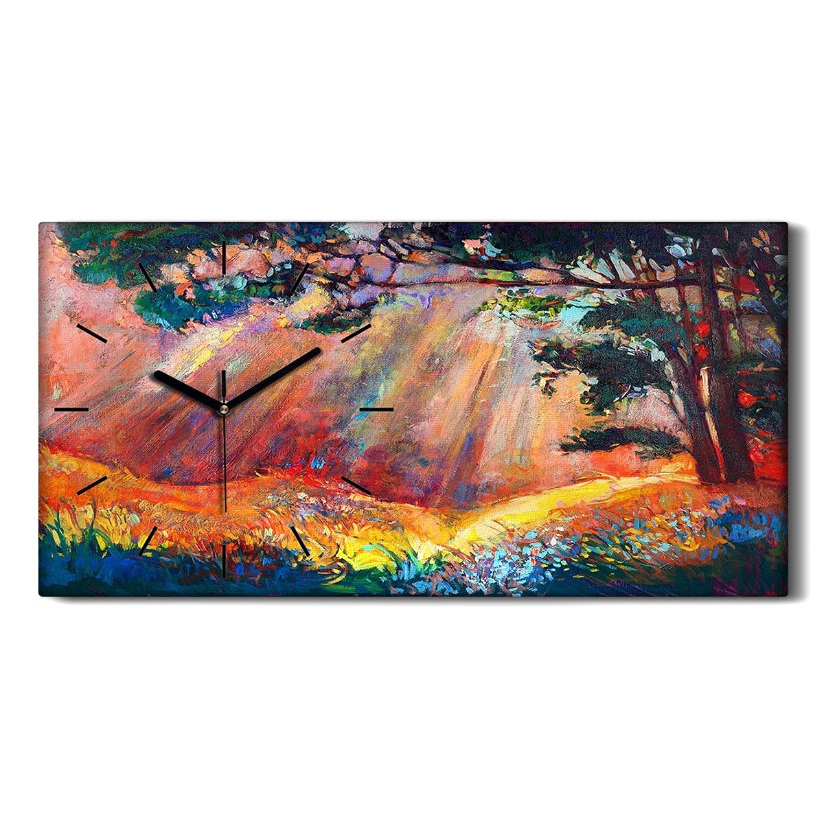 Horloge sur Toile 60x30cm Art Mural Salon Tableau Nature Fleurs Arbre Moderne
