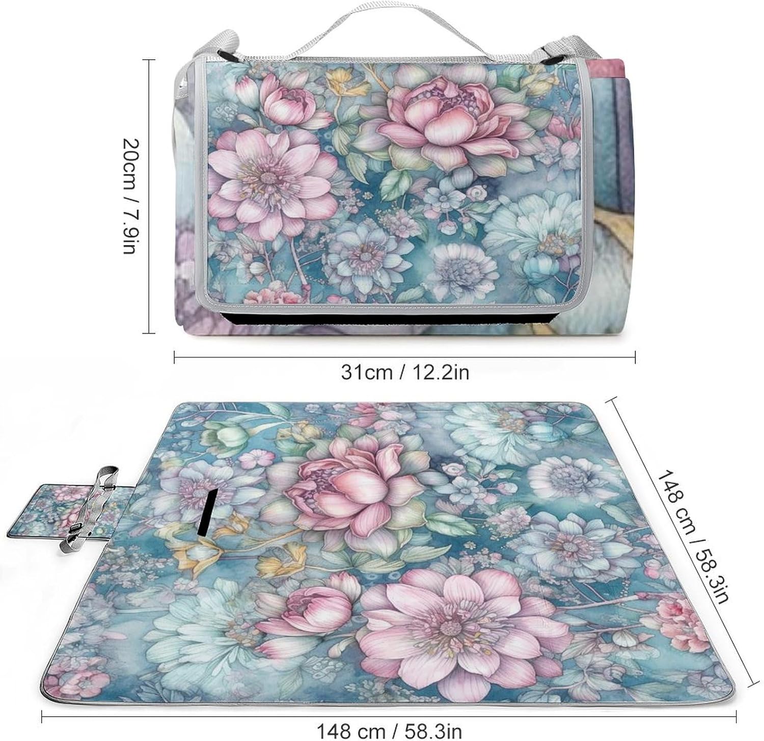 Outdoor Picnic Blanket Extra Large Beach Blanket Waterproof Picnic Mat Blue Style Flowers Camping Blanket Portable with Carry Strap Park Blanket for Grass Camping Park