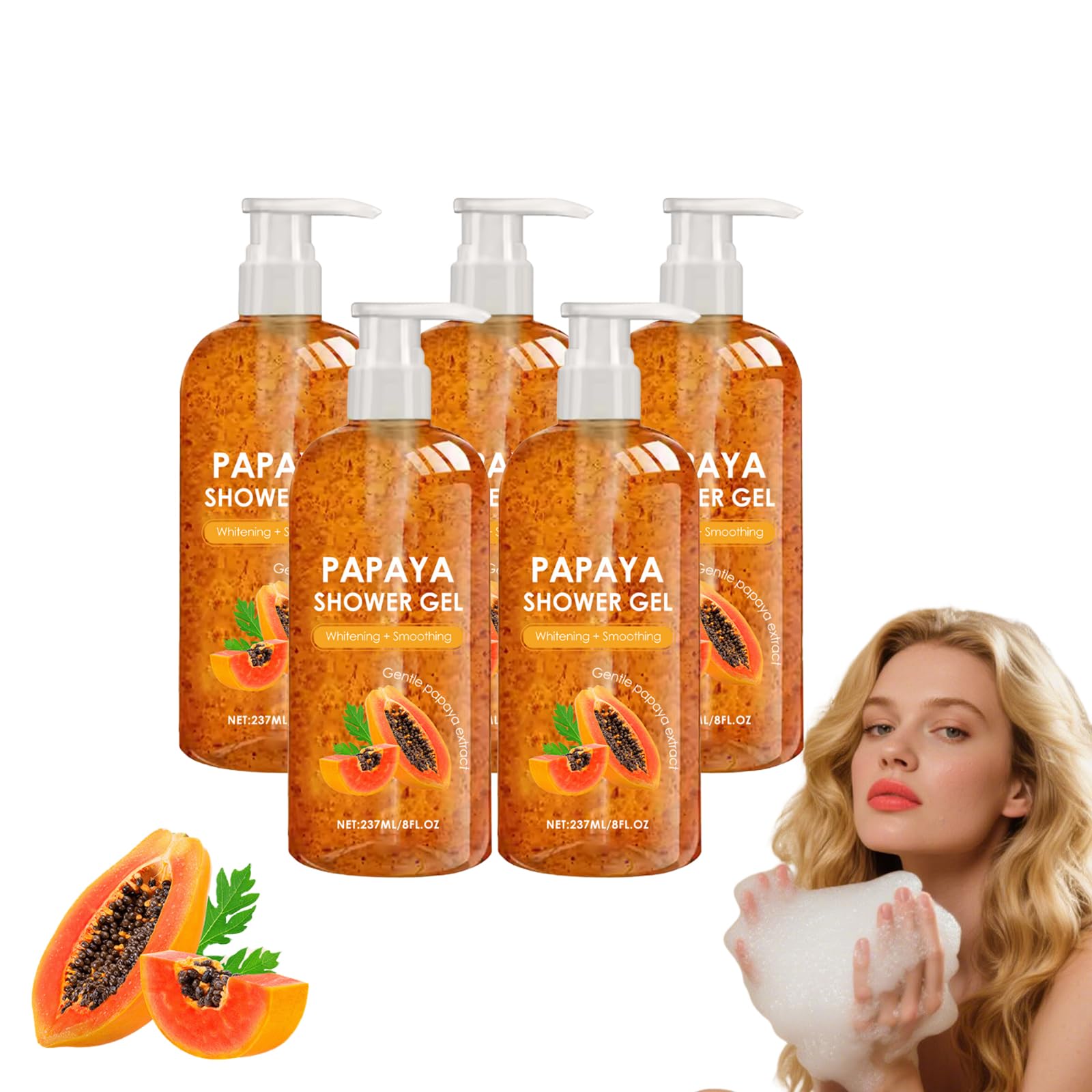 Papaya złuszczający żel pod prysznic z witaminą E - rozjaśniający żel do mycia ciała dla gładkiej, miękkiej skóry, delikatny orzeźwiający owocowy zapach dla każdego rodzaju Skóry, 290g (5 butelek)