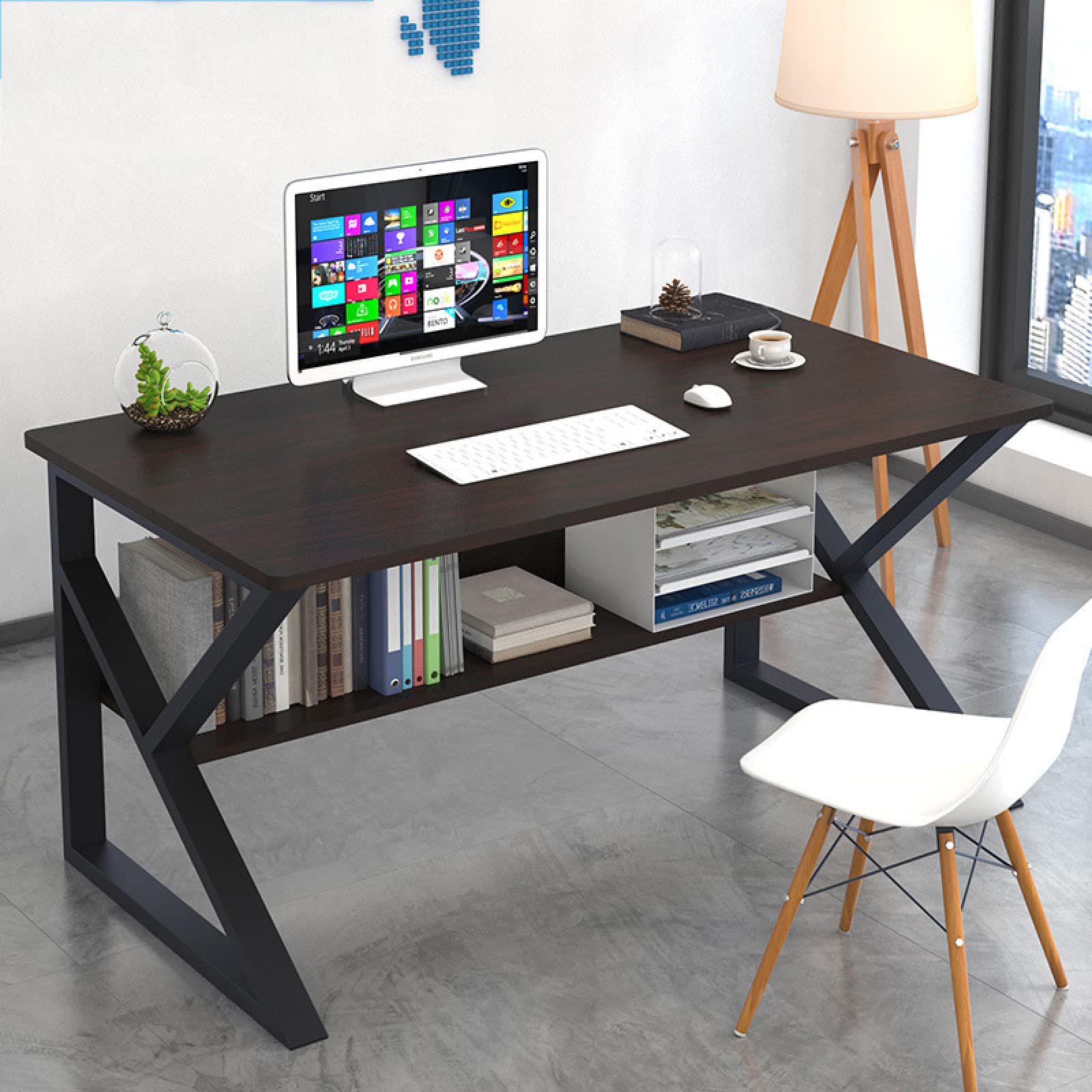 Bureau d'ordinateur élégant noir de 40 pouces avec étagères pour bureau à domicile