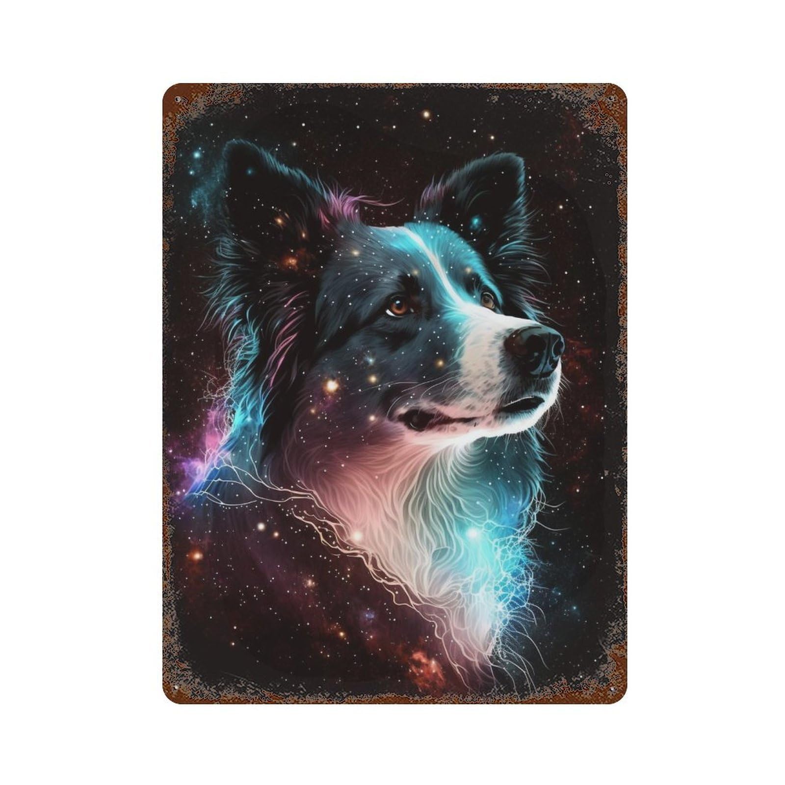 Garage Style Cosmic Wolf Portrait Print Retro Metal Sign 15.7"x11.8", Industrial Home Decor for Bar And Workshop