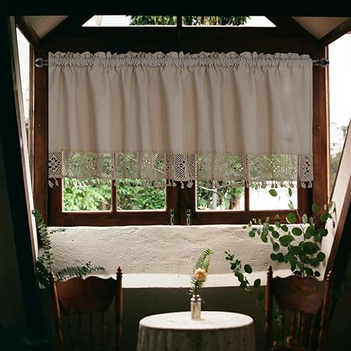 Miniatura 5 de Molaxhome Cenefas de lino para ventanas, cenefas de cocina con borlas bohemias para ventanas, cortinas rústicas para baño, dormitorio, decoración