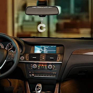 C Shape Bling Crystal Pendant Car Accessories for Women, Hanging Cute Rhinestone Rear View Mirror Accessories, Charm Interior Car Decorations for Girls, Wife, Valentine's Day, Christmas - Rainbow C