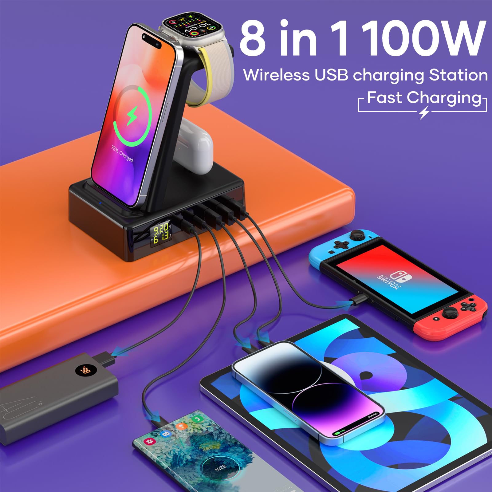 Caricatore USB Multiplo Caricatore Wireless, RFNAYK Caricatore USB C 100W Stazione di Ricarica 8 in 1 Presa Multipla USB Base con Display LED per i Phone i Pad Apple Watch Air- pods Samsung, Nero