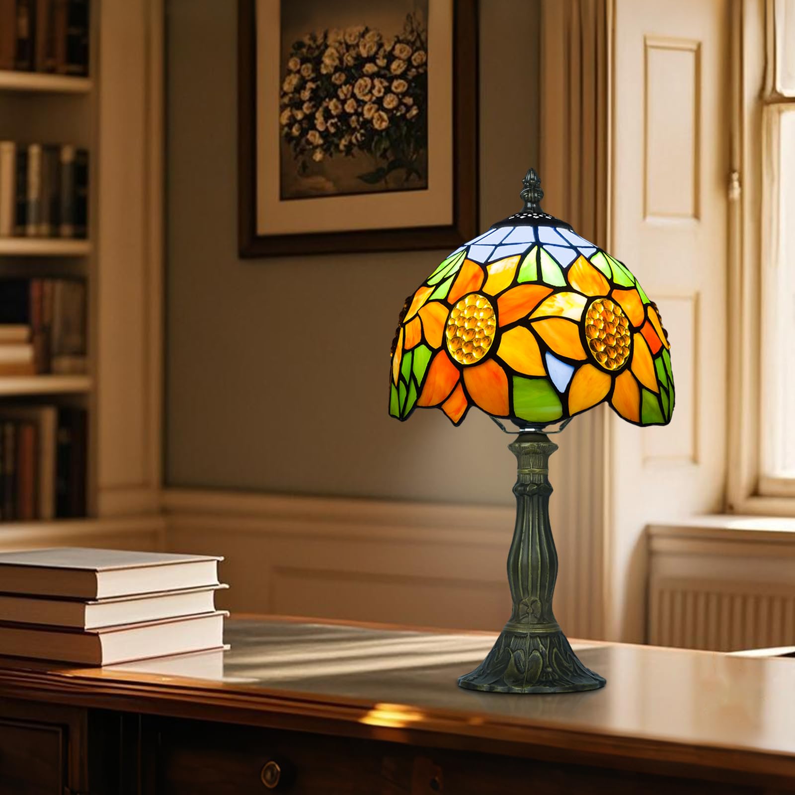 Tiffany-Tischlampe, Metallsockel, E27-Glühbirne Mit Fernbedienung, 8 Zoll Retro Stained Glass Lamp Für Wohnzimmern,Lesezimmern,Schlafzimmern Und Arbeitszimmern Verwendet (D Sonnenblume)