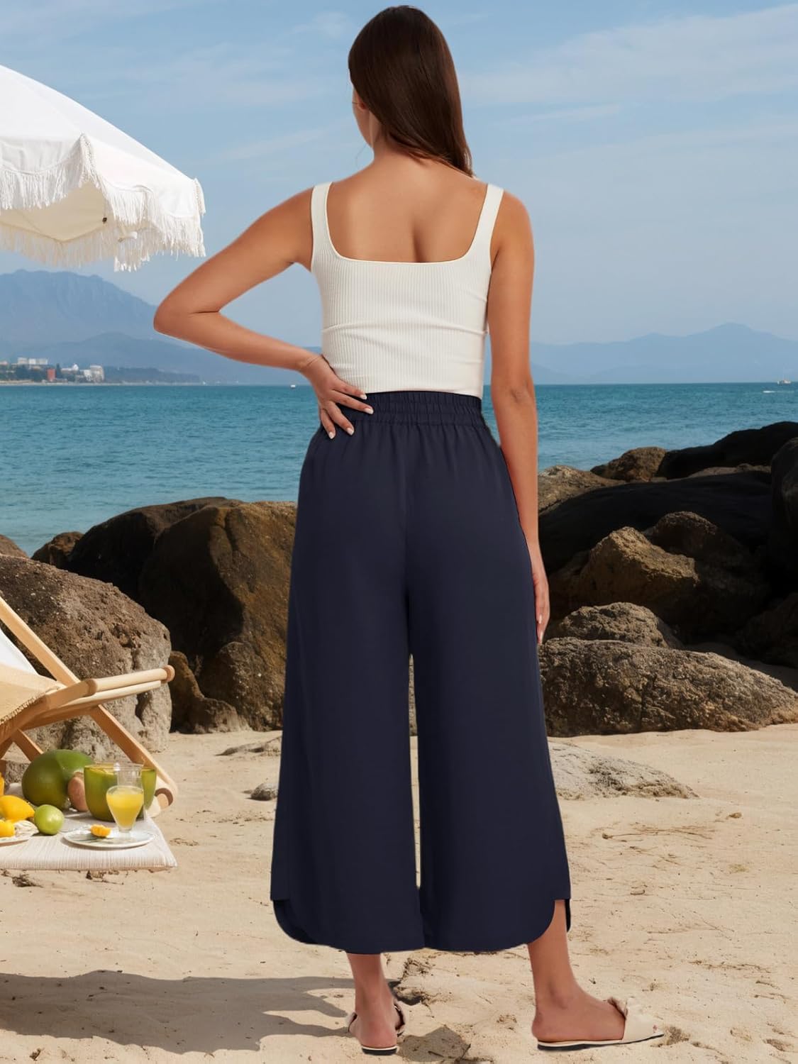 Les umes Women's Wide Leg Drawstring Pants High Waist Cropped Trousers for Summer Casual Wear - Image 4