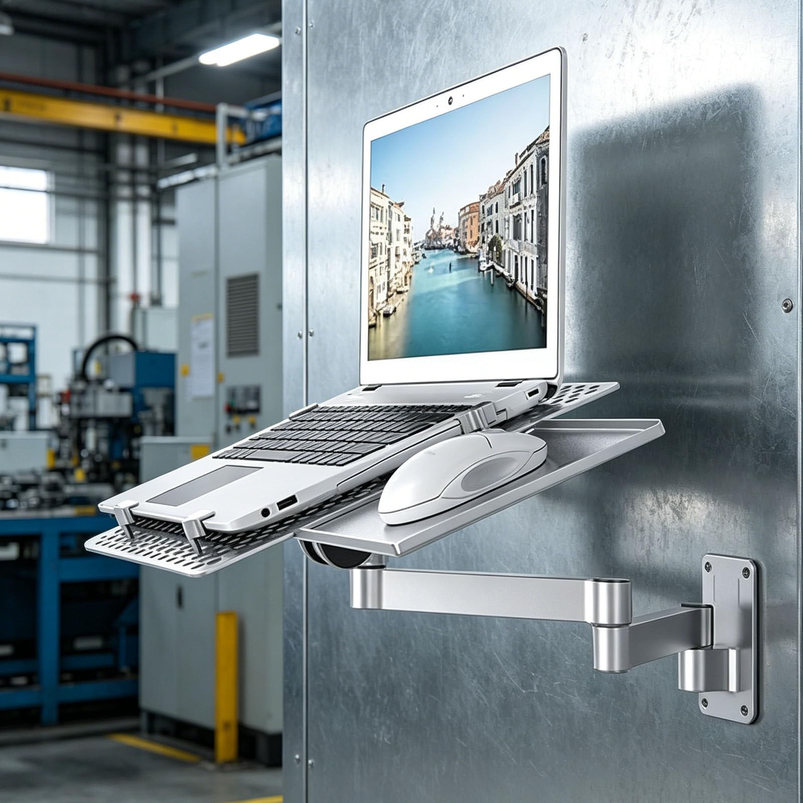 PioMue Aluminum Wall Mounted Keyboard Tray, Adjustable Articulating Arm Stand, Space Saving Keyboard And Mouse Platform For Office Desk
