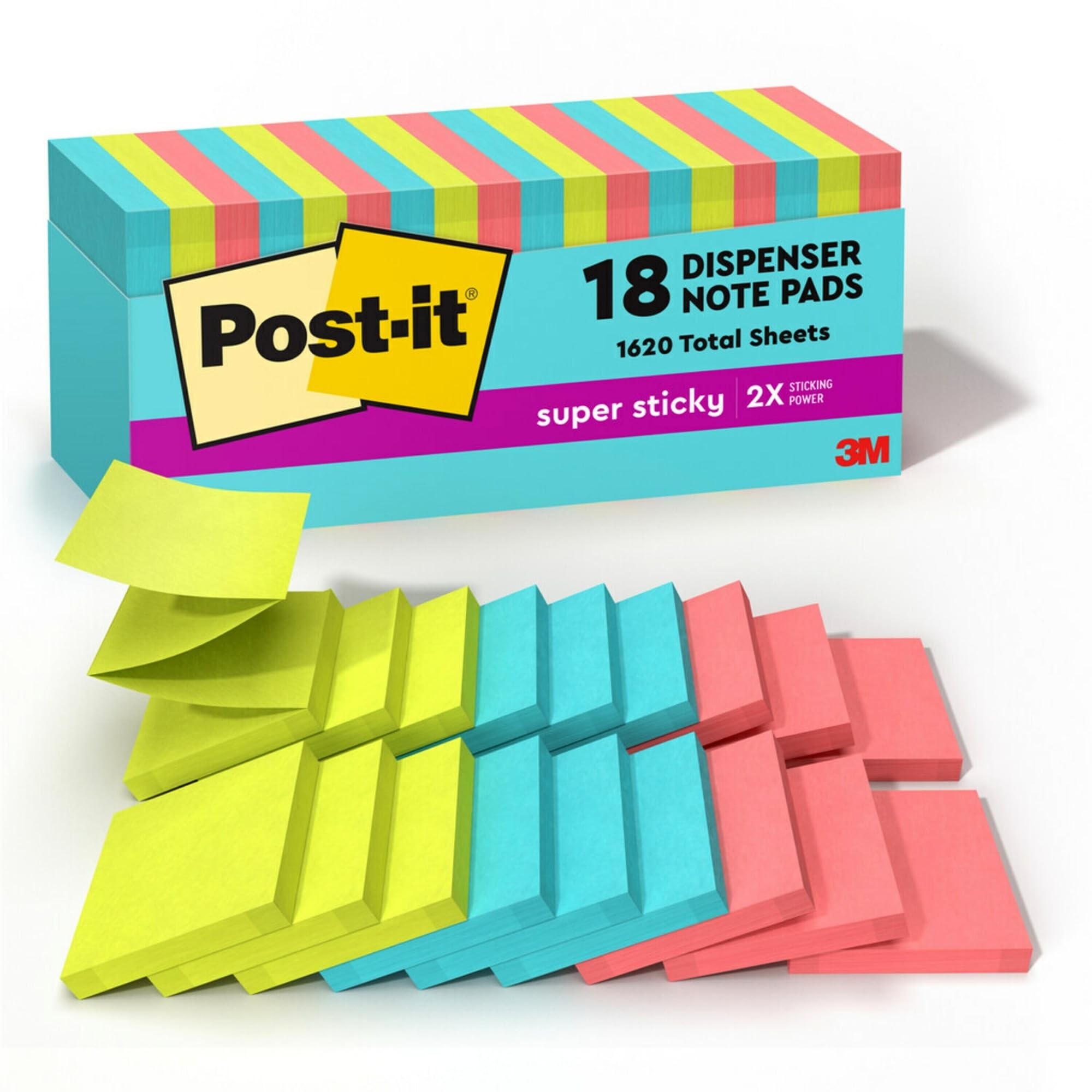 Post-it Super Sticky Pop-Up-Notizen, 7,6 x 7,6 cm, 18 Blöcke, 90 Blatt/Block, 2-fache Haftkraft, Schulbedarf