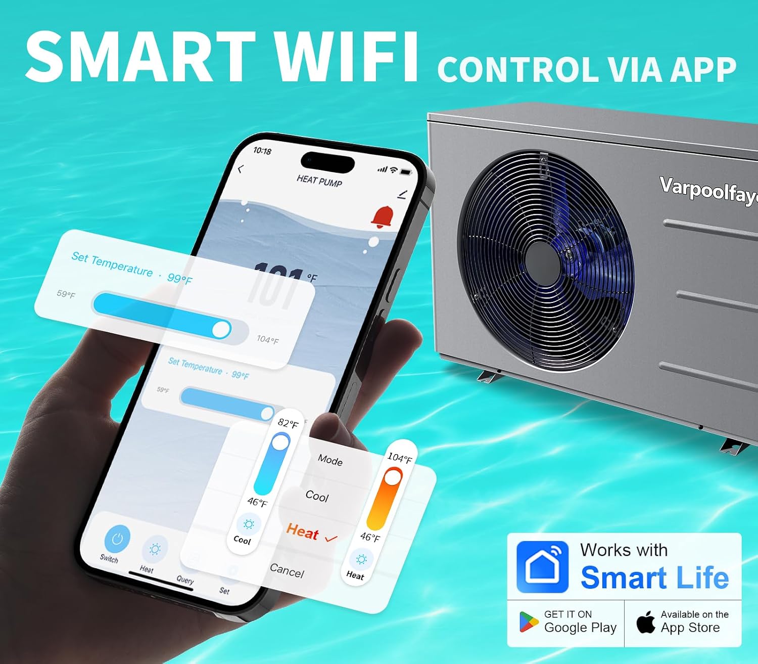 Smartphone app interface for controlling the pool heater's temperature and mode settings.