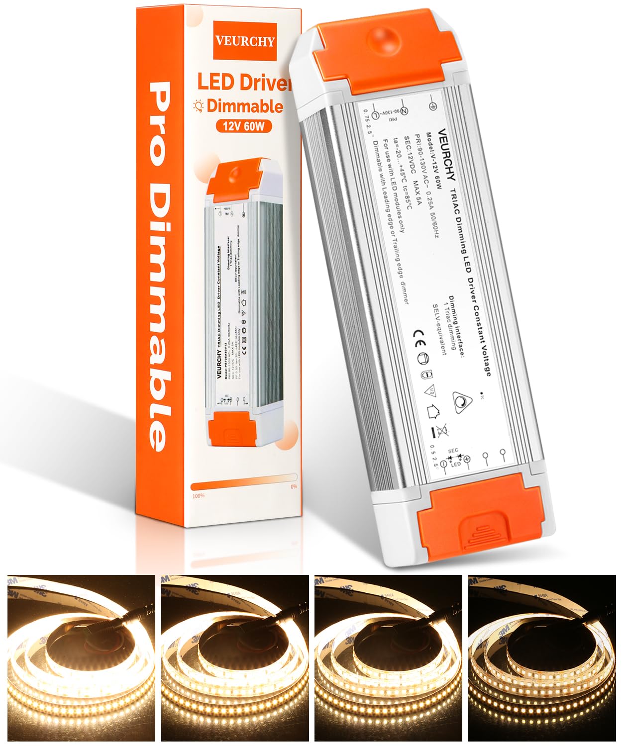 VEURCHY Dimmable LED Driver 12V DC 60W Triac Constant Transformer 120V AC to 12Volt DC Input/Output Isolation Protection 60Watt LED Power Supply