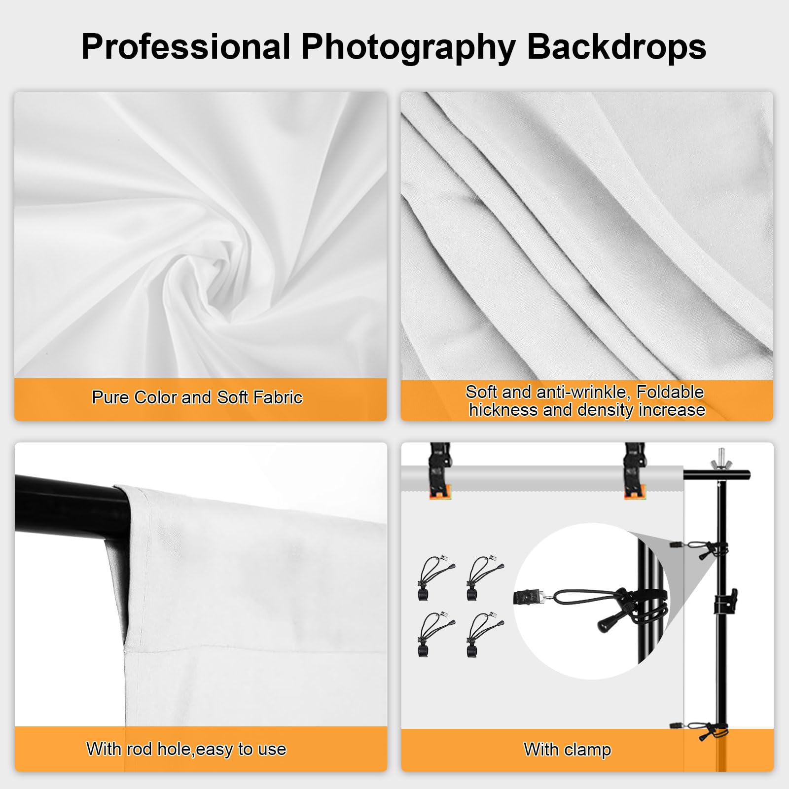 PULUZ Telón de fondo blanco de 3 x 6 m para estudio fotográfico con 4 abrazaderas de agujeros de barra transversal, 9.84 x 19.69 pies, de poliéster lavable de grosor, fondo grande para fotografía de