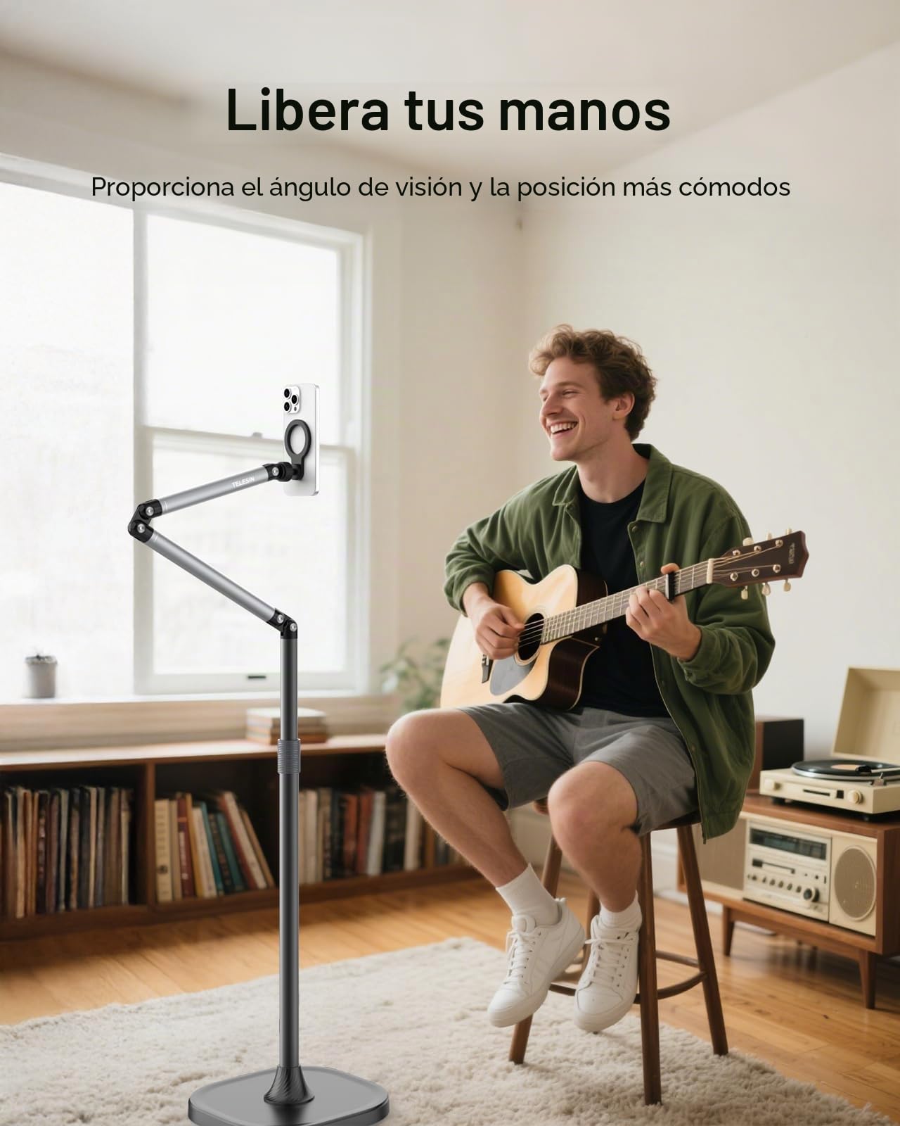 TELESIN° Soporte de Suelo Magnético para Tablet, Aluminio Soporte de Piso Flexible y Ajustable en Altura para Teléfono para Cama, Base Ultra Estable Soporte de Metal para Magsafe/iPhone/Android/iPad | Aleación de aluminio portátil para cama, altura ajusta