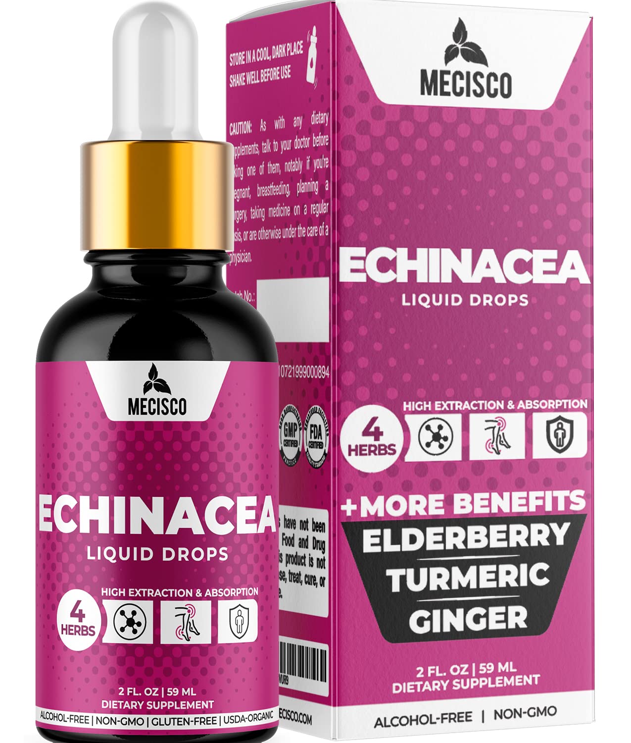 4in1 Echinacea Herb Liquid Drops, 2 Fl Oz - Combined with Extracted Turmeric Curcumin, Elderberry & Ginger - Support Immune System, Energy, and Body Health for Men & Women - Vegan, Non-GMO