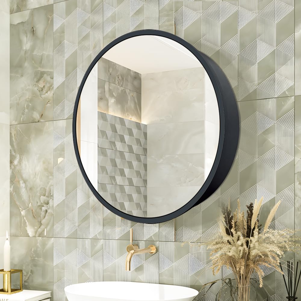 Janboe Round Mirror Cabinet,Aluminum Framed,Soft Close Hinge,51cm,Black