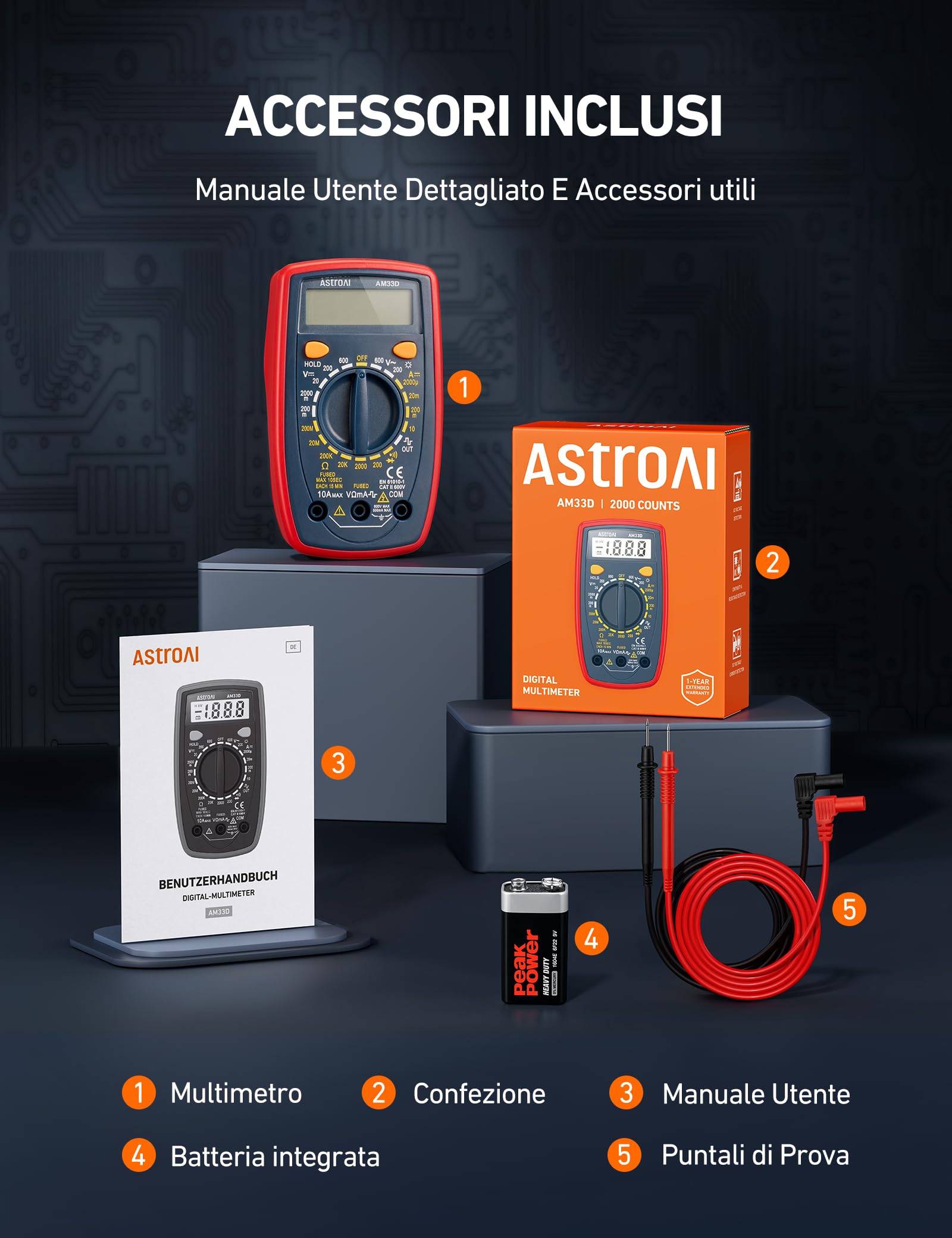 AstroAI Tester Elettricista 2000 Conteggi, Multimetro Digitale Professionale, Voltmetro, Tester Digitale, Misuratore di Corrente DC, Tensione AC/DC, Resistenza, Continuità e Test Diodi