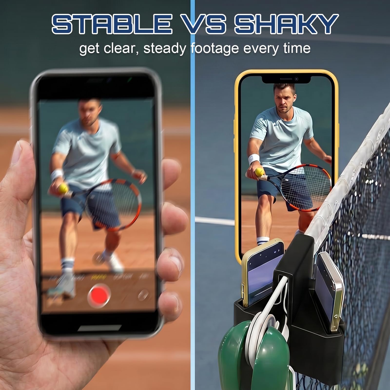 Supporto Telefono per Rete da Tennis 3D, Design Doppia Fotocamera, Morsetto Stabile per Rete e Recinzione, Montaggio Facile senza Attrezzi, per Registrare Allenamenti e Partite, Streaming Live