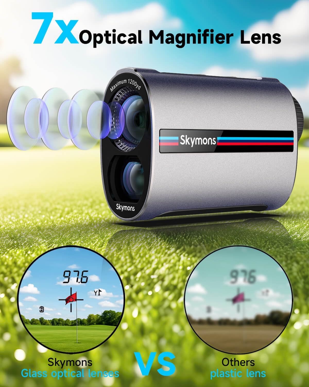 Télémètre laser de golf avec pente, télémètre 1200Y, vibration de verrouillage du mât de drapeau de 0,3 s, grossissement 7x, lentille de transmission de 95 %, verrouillage du drapeau avec vibration