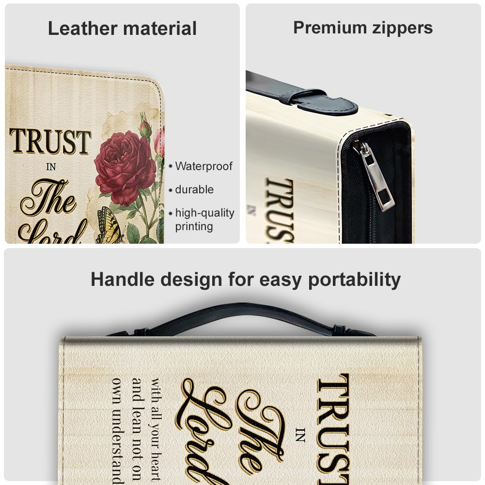 Hobbspring Bible Holder Case for School Office June Rose Bible Protective with Handle Bookmark Trust in The Lord Bibles Cover with Zipper and Label Stickers for Students Adults PU Leather Bag - Image 4
