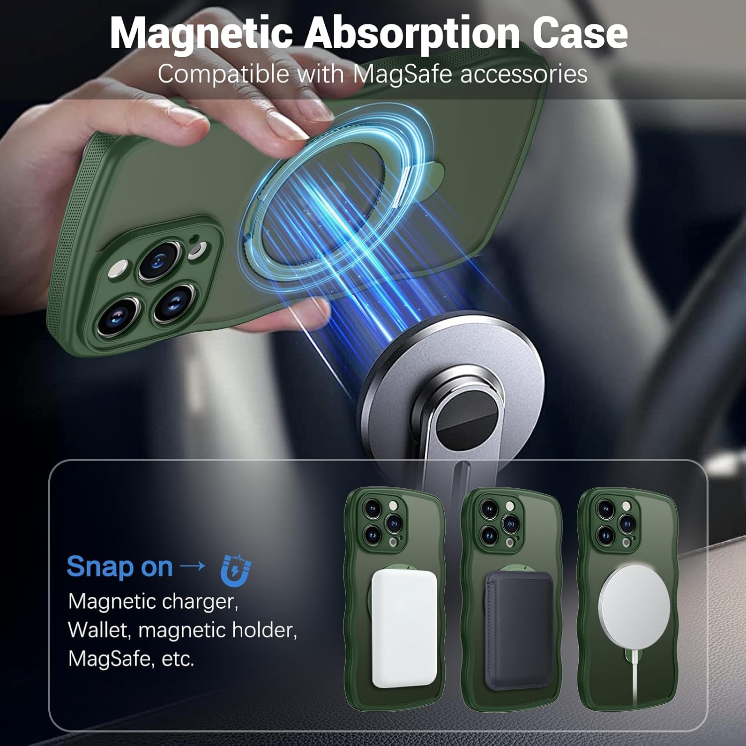 BENTOBEN for Magnetic iPhone 14 Pro Case, [Compatible with Magsafe] [Curly Wave Frame Design] Non-Slip Easier Grip Kickstand Ring Holder Protective Bumper Cute Girl Women Men Phone Cover, Dark Green - Image 2