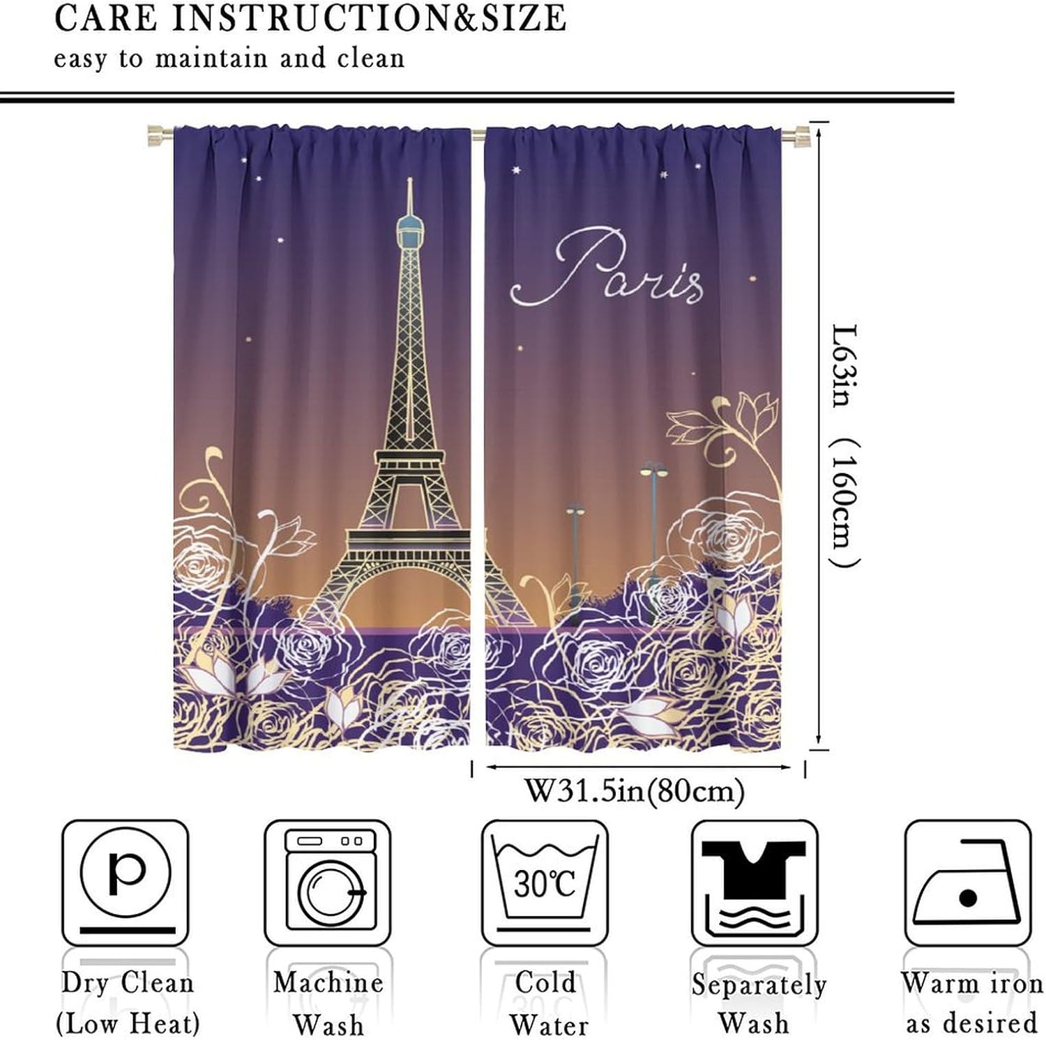 Purple Girls Paris Curtains Modern City Landscape Eiffel Tower Flower Romantic Retro France Scenery Blackout Rod Pocket Window Drapes for Living Room Bedroom Kitchen Decor W31.5xL63in 2 Panels