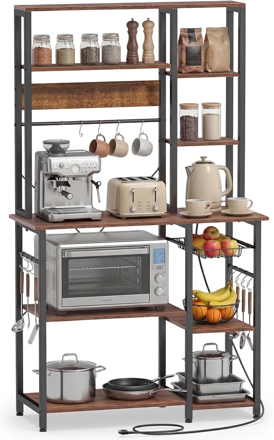 LOKO Industrial Bakers Rack with Power Outlet, 6-Tier Microwave Stand, Large Coffer Bar with 12 S-Shaped Hooks and Wire Baskets, Metal Kitchen Shelf Rack with Storage, 39 x 16 x 67 in, Rustic Brown
