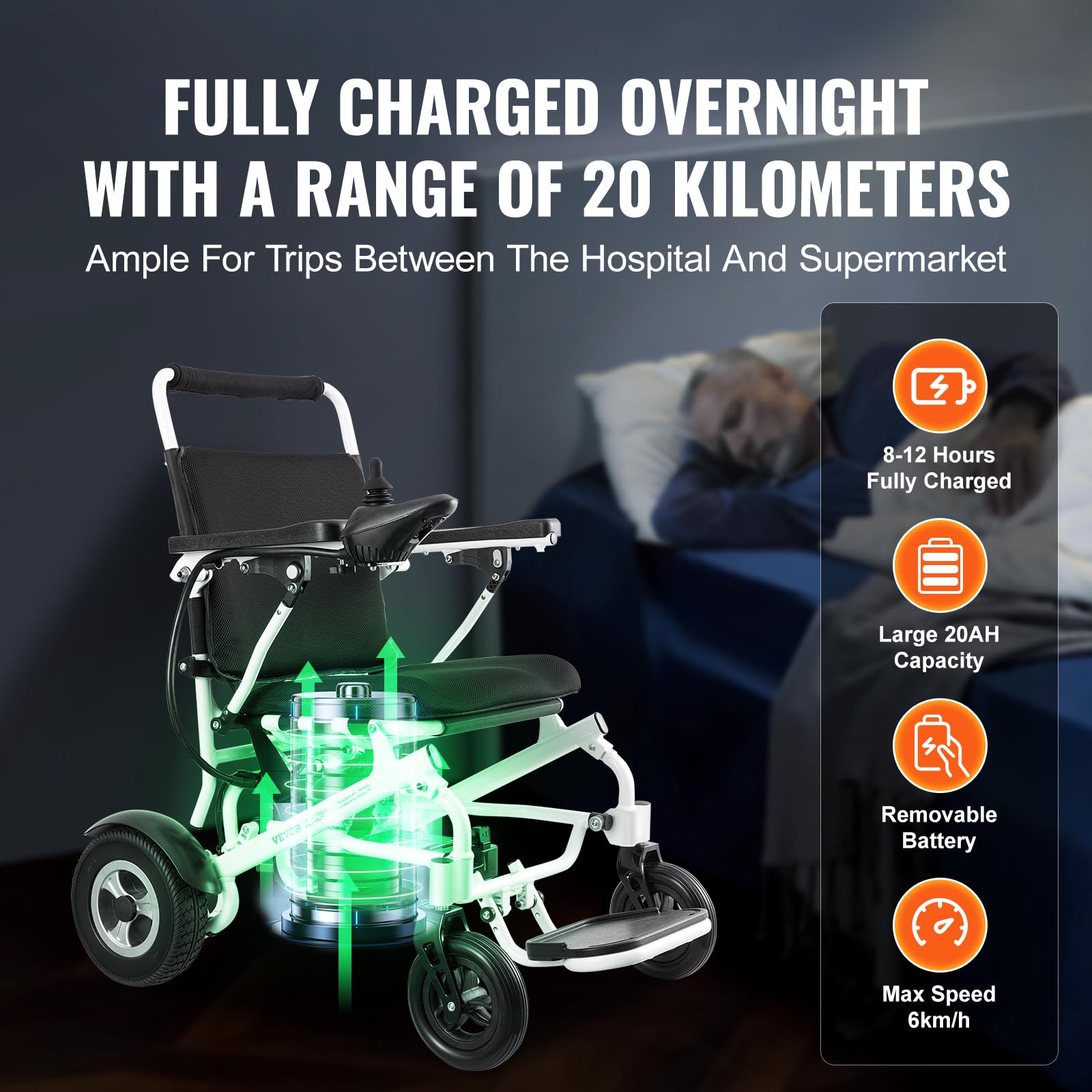 VEVOR Elektryczny wózek inwalidzki dla osób starszych, nośność 136,08 kg, szerokość 508 mm, lekkie składane zmotoryzowane wózki inwalidzkie, stop aluminium, 925 x 670 x 980 mm