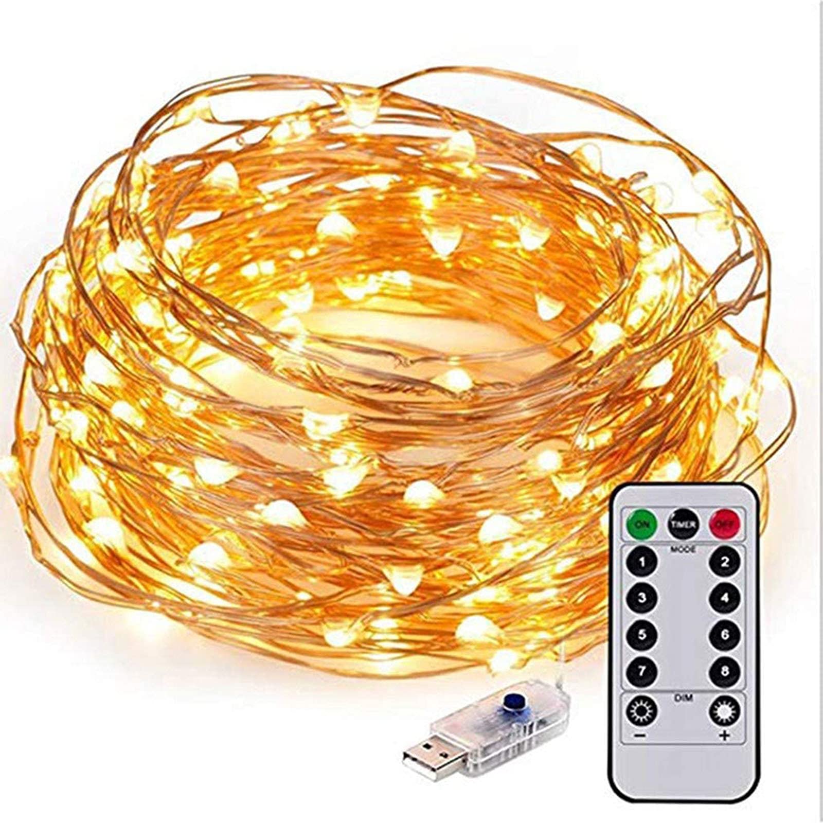 Luces de hadas de cadena LED, 33 pies, 100 LED, operados con el temporizador de control remoto Twinkle String Lights, alimentado por USB, Apto para interior y exterior.